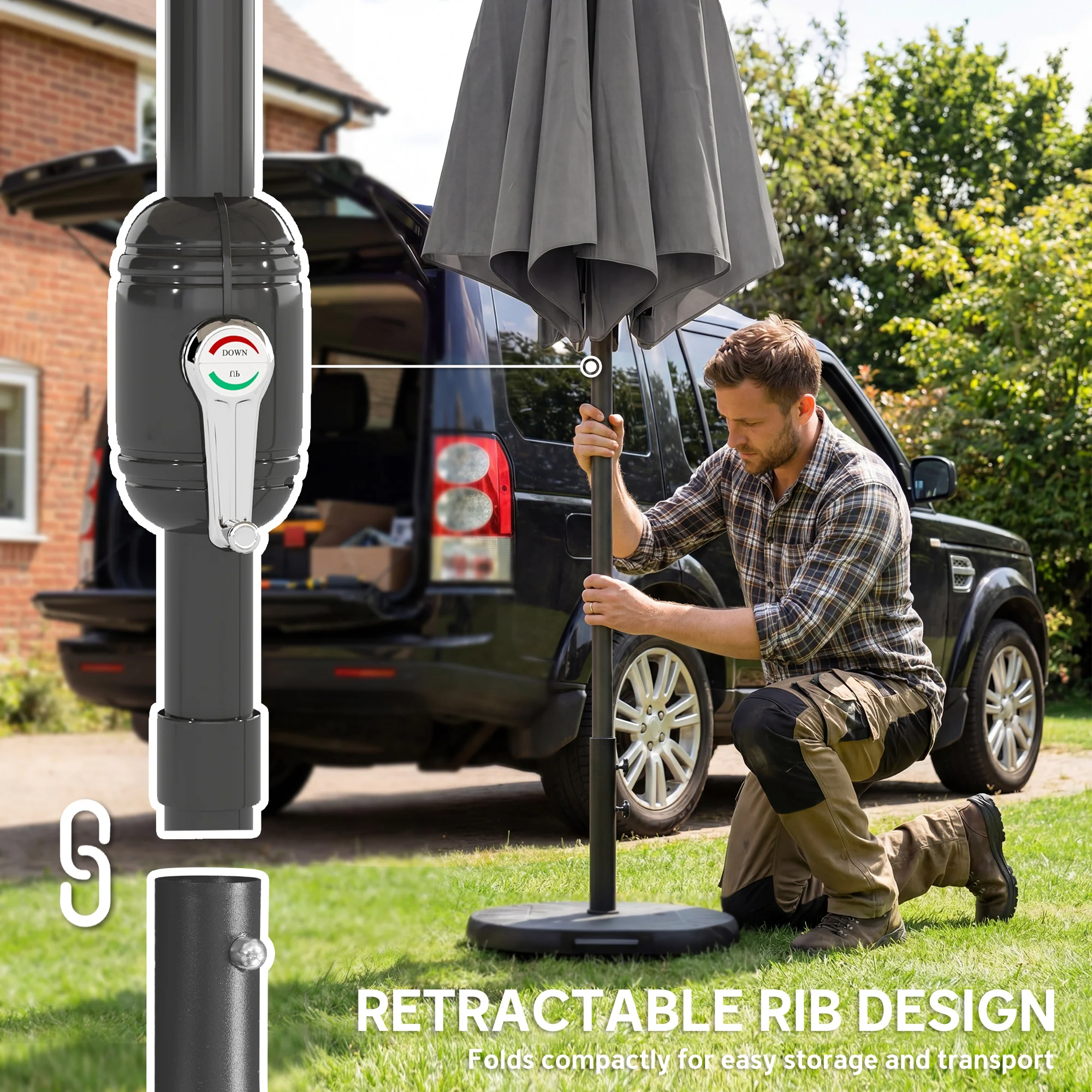 2.7 m Garden Parasol with Cross Base, Sandbag and Tilt, Light Grey - Image 7