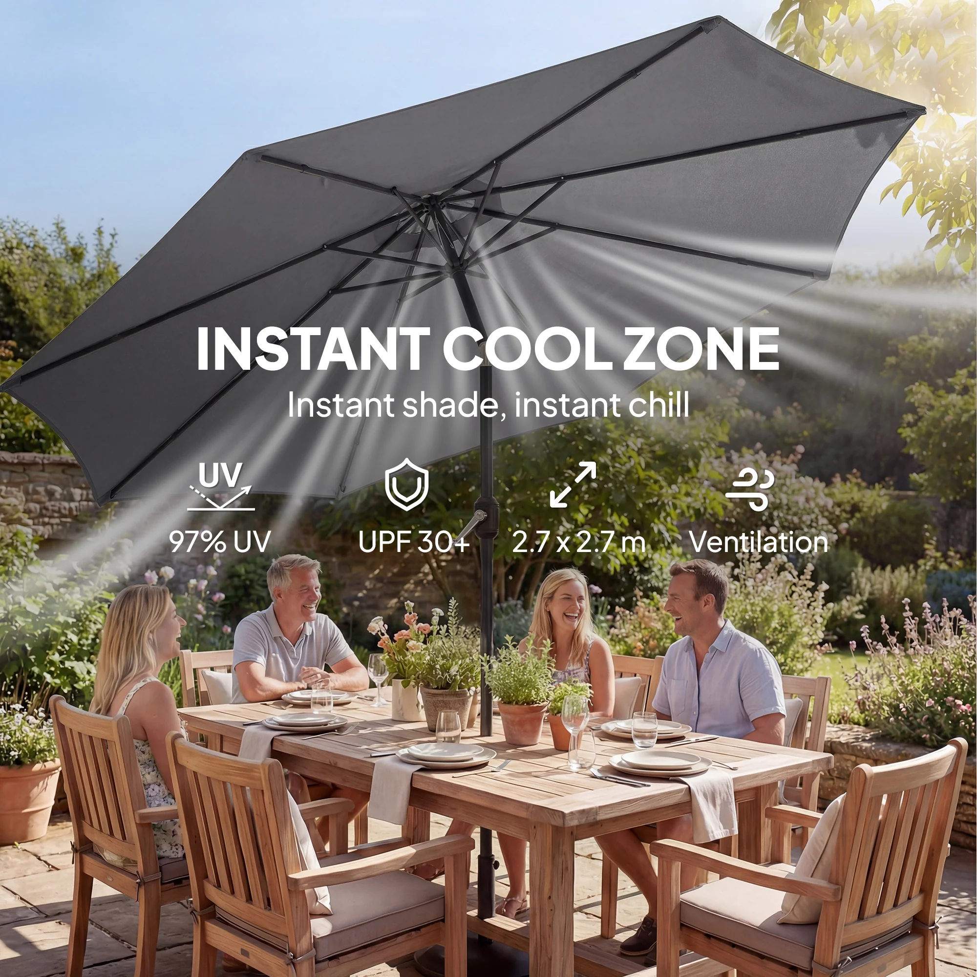 2.7 m Garden Parasol with Cross Base, Sandbag and Tilt, Light Grey - Image 8