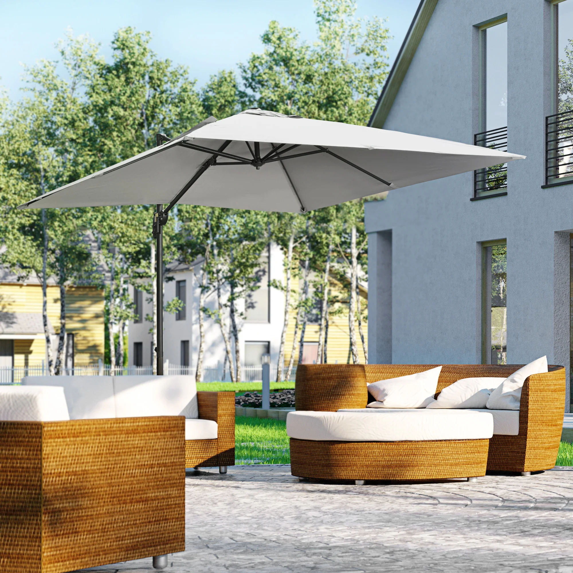 2.7 x 2.7 m Square Overhanging Parasol with Tilt,  Aluminium Frame & 360° Rotation, Grey - Image 3