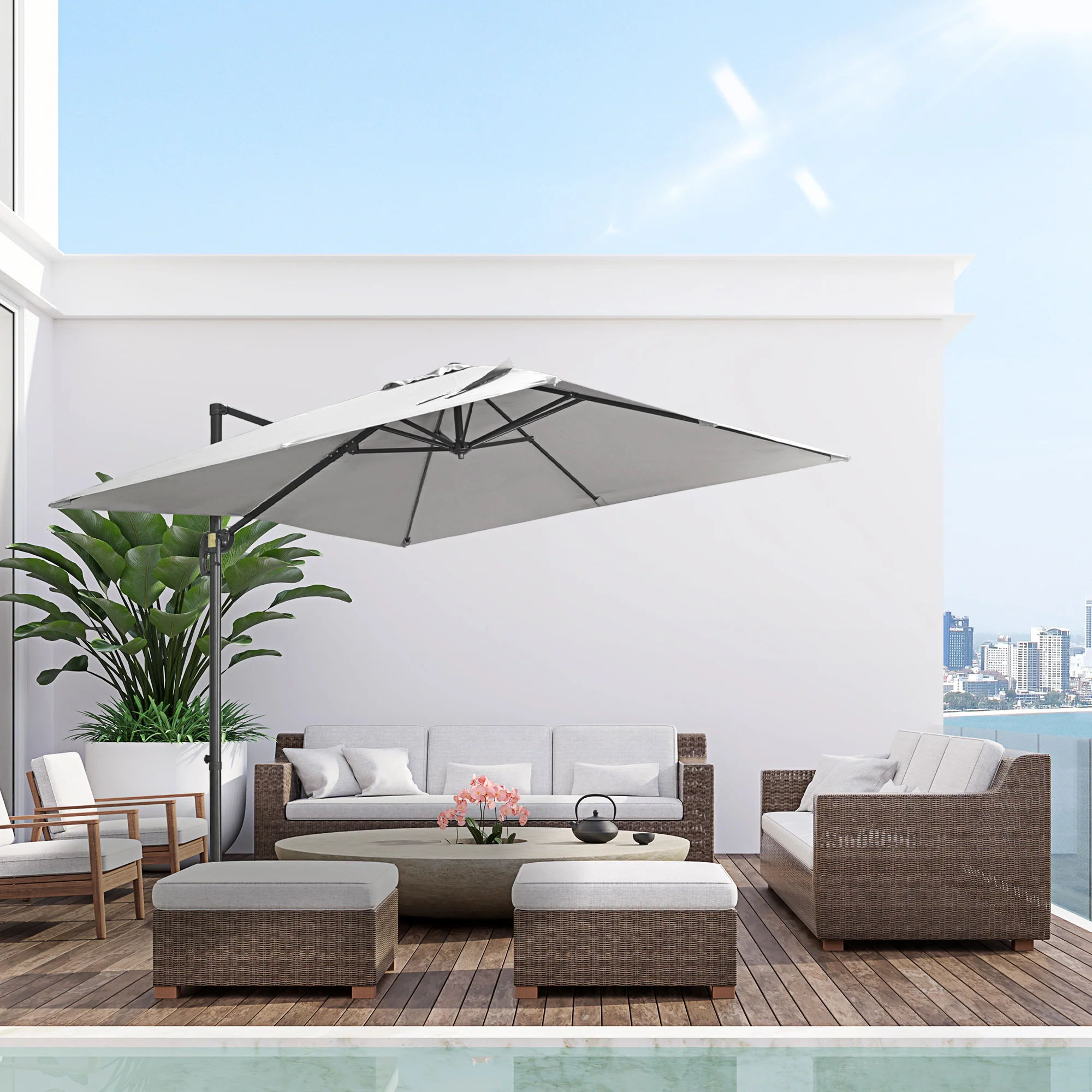2.7 x 2.7 m Square Overhanging Parasol with Tilt,  Aluminium Frame & 360° Rotation, Grey - Image 4