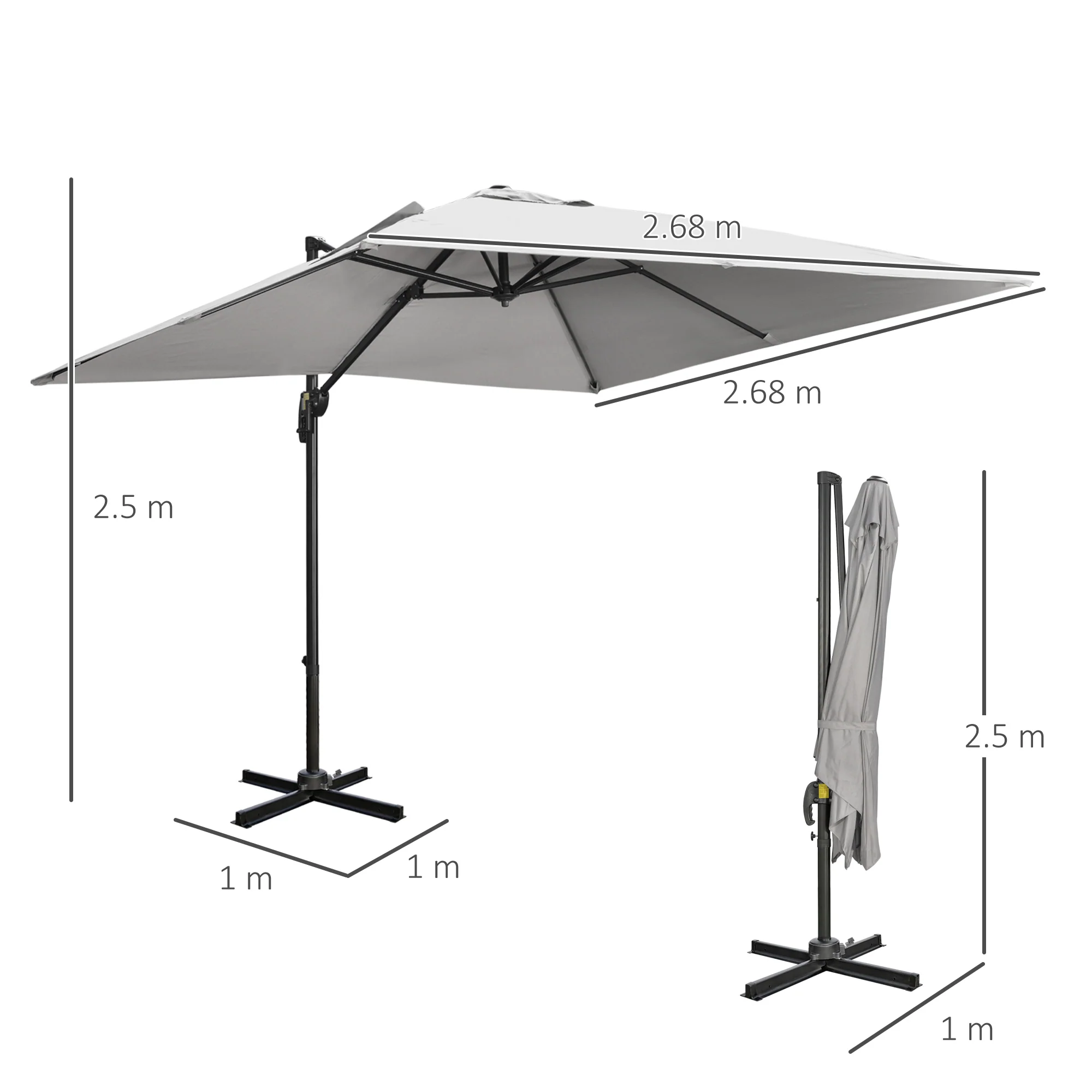 2.7 x 2.7 m Square Overhanging Parasol with Tilt,  Aluminium Frame & 360° Rotation, Grey - Image 5