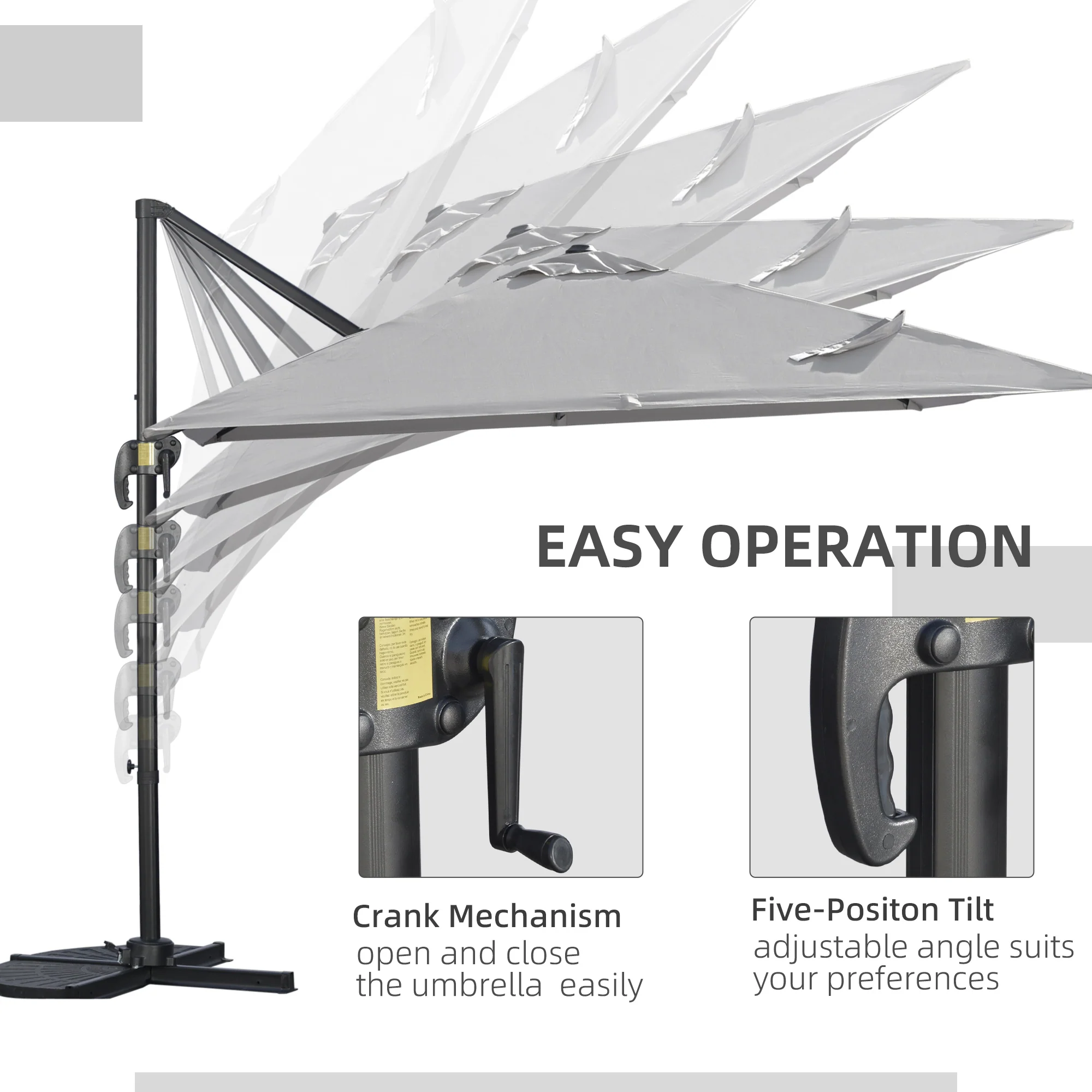 2.7 x 2.7 m Square Overhanging Parasol with Tilt,  Aluminium Frame & 360° Rotation, Grey - Image 6