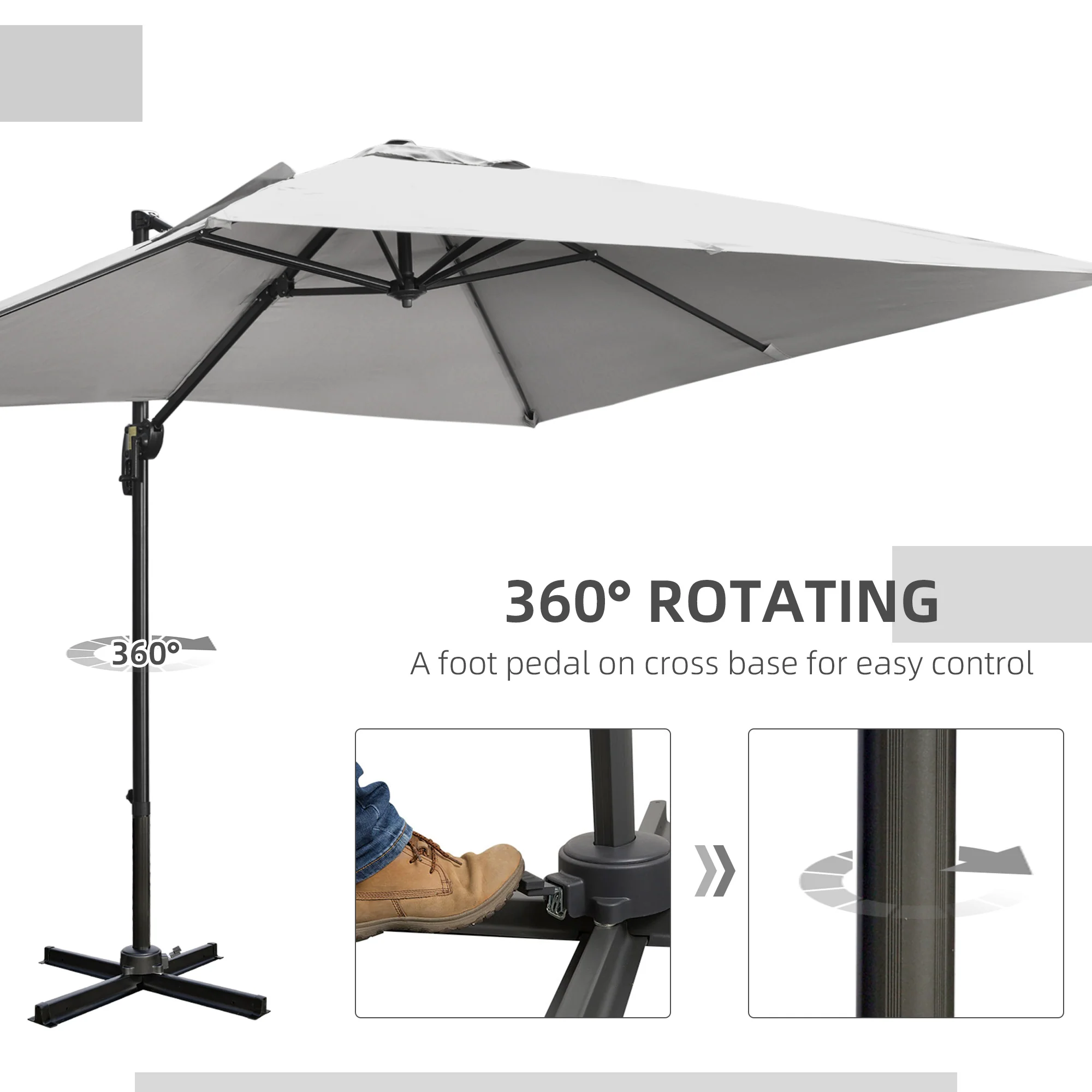 2.7 x 2.7 m Square Overhanging Parasol with Tilt,  Aluminium Frame & 360° Rotation, Grey - Image 7