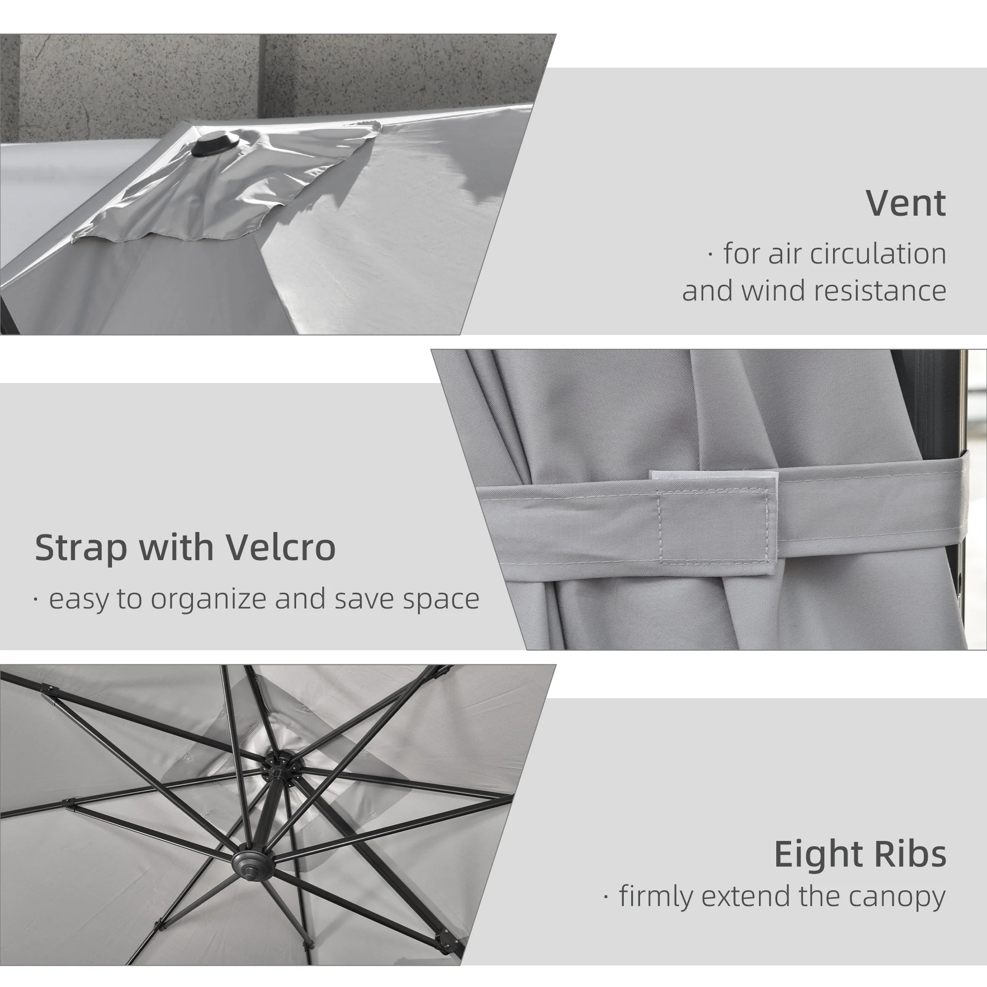 2.7 x 2.7 m Square Overhanging Parasol with Tilt,  Aluminium Frame & 360° Rotation, Grey - Image 8