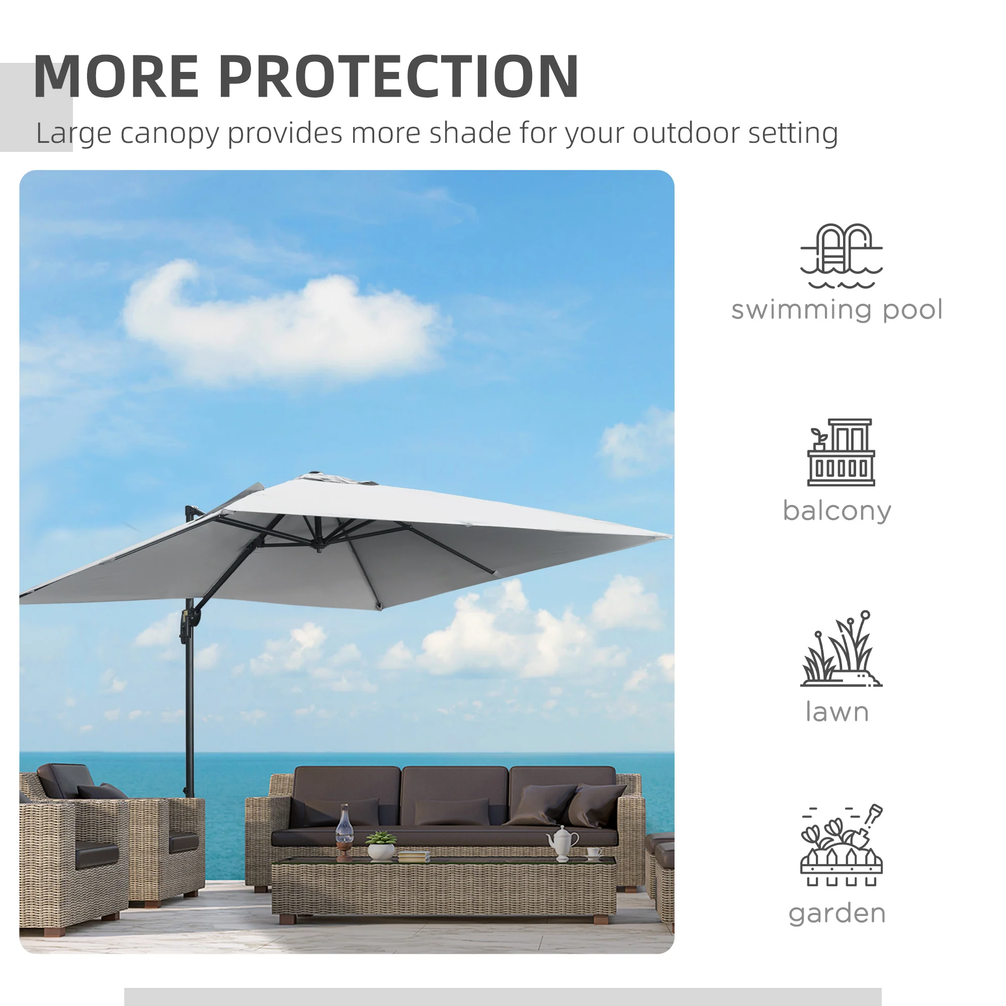 2.7 x 2.7 m Square Overhanging Parasol with Tilt,  Aluminium Frame & 360° Rotation, Grey - Image 9