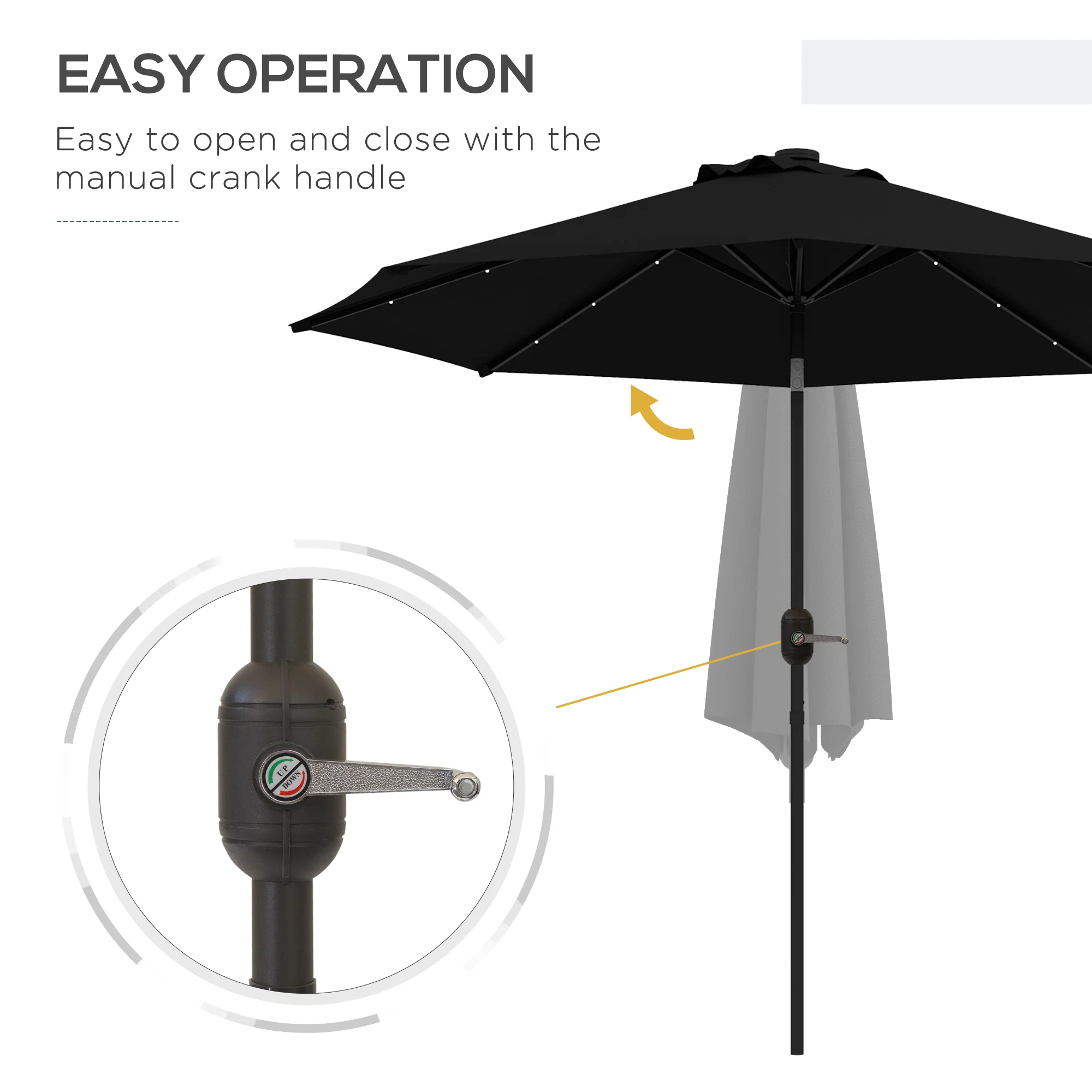 2.7m Patio Garden Parasol, Outdoor Umbrella with Tilt Crank & 24 LEDs Lights, Black - Image 9