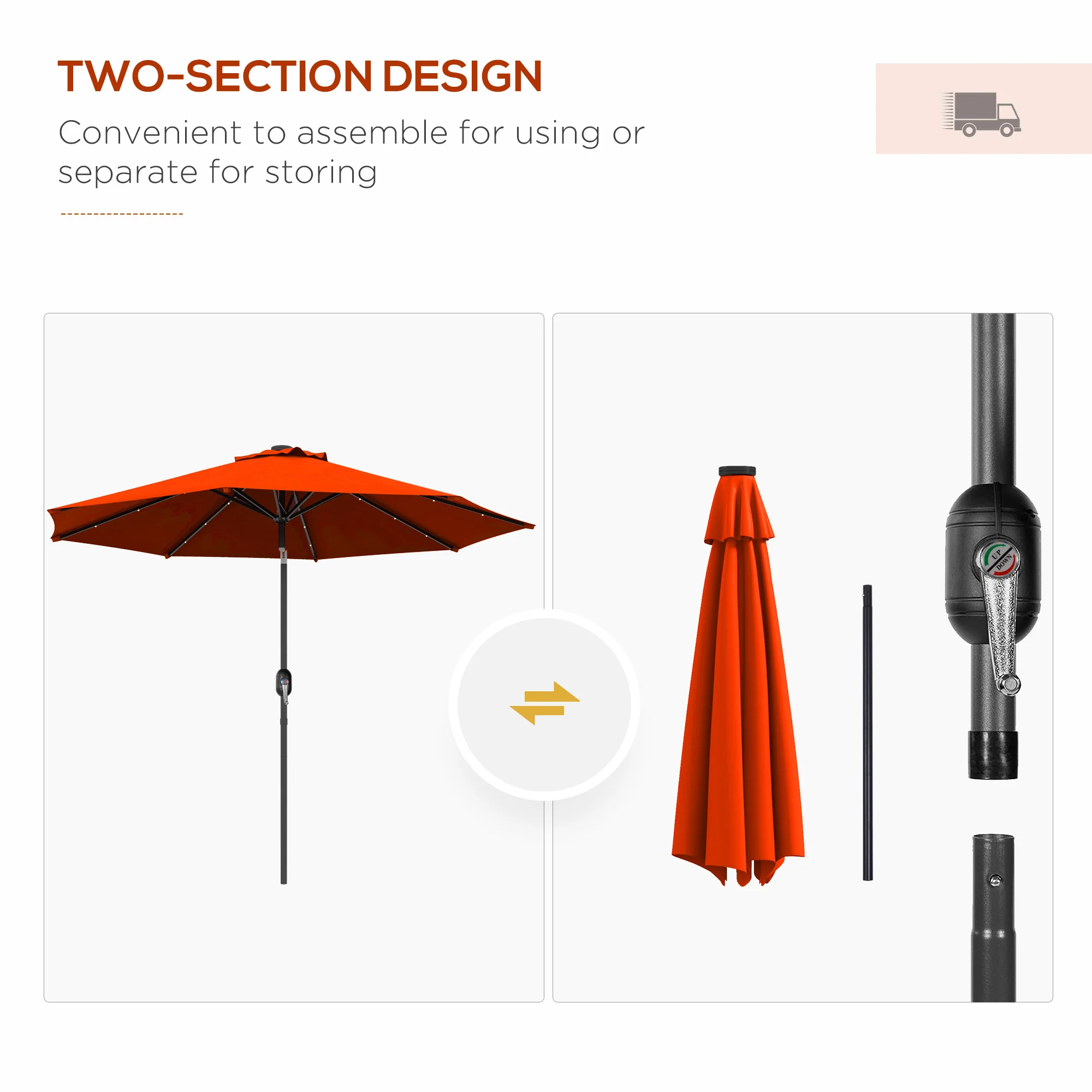 2.7m Patio Garden Parasol, Outdoor Umbrella with Tilt Crank & 24 LEDs Lights, Orange - Image 10