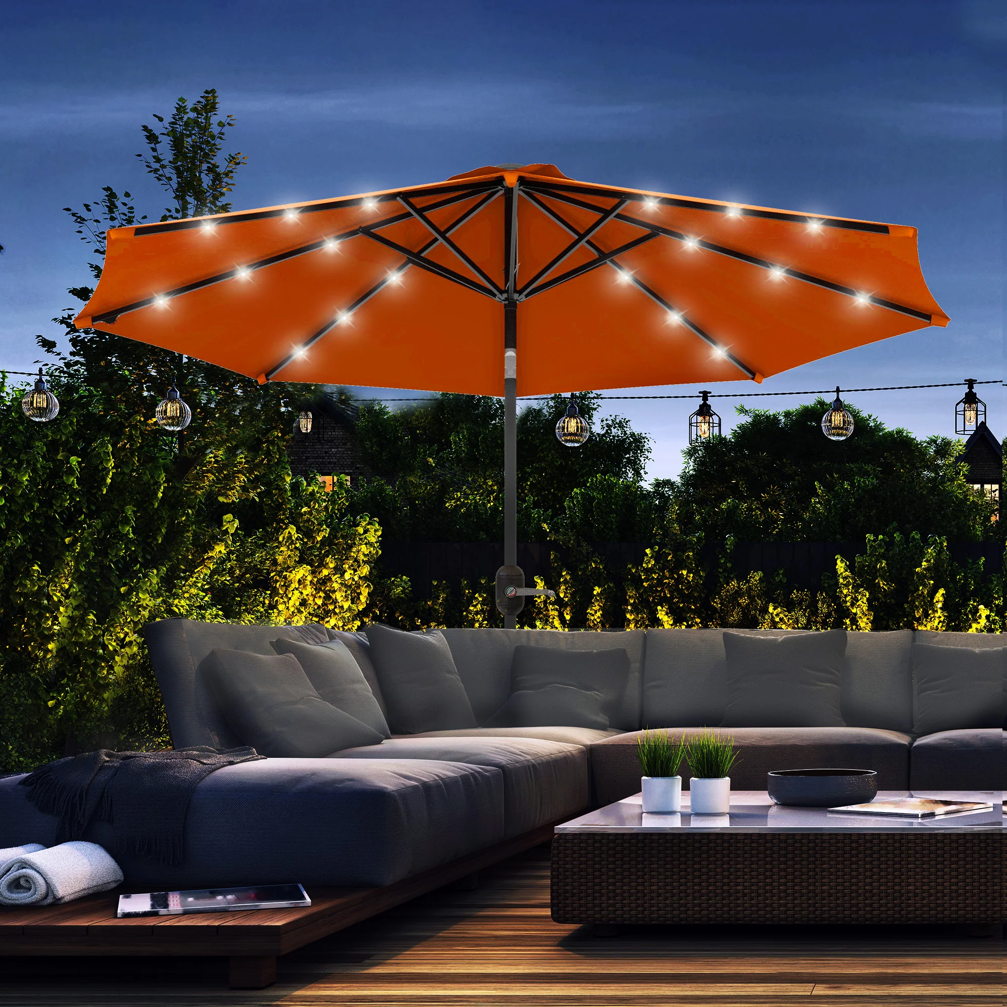 2.7m Patio Garden Parasol, Outdoor Umbrella with Tilt Crank & 24 LEDs Lights, Orange - Image 3