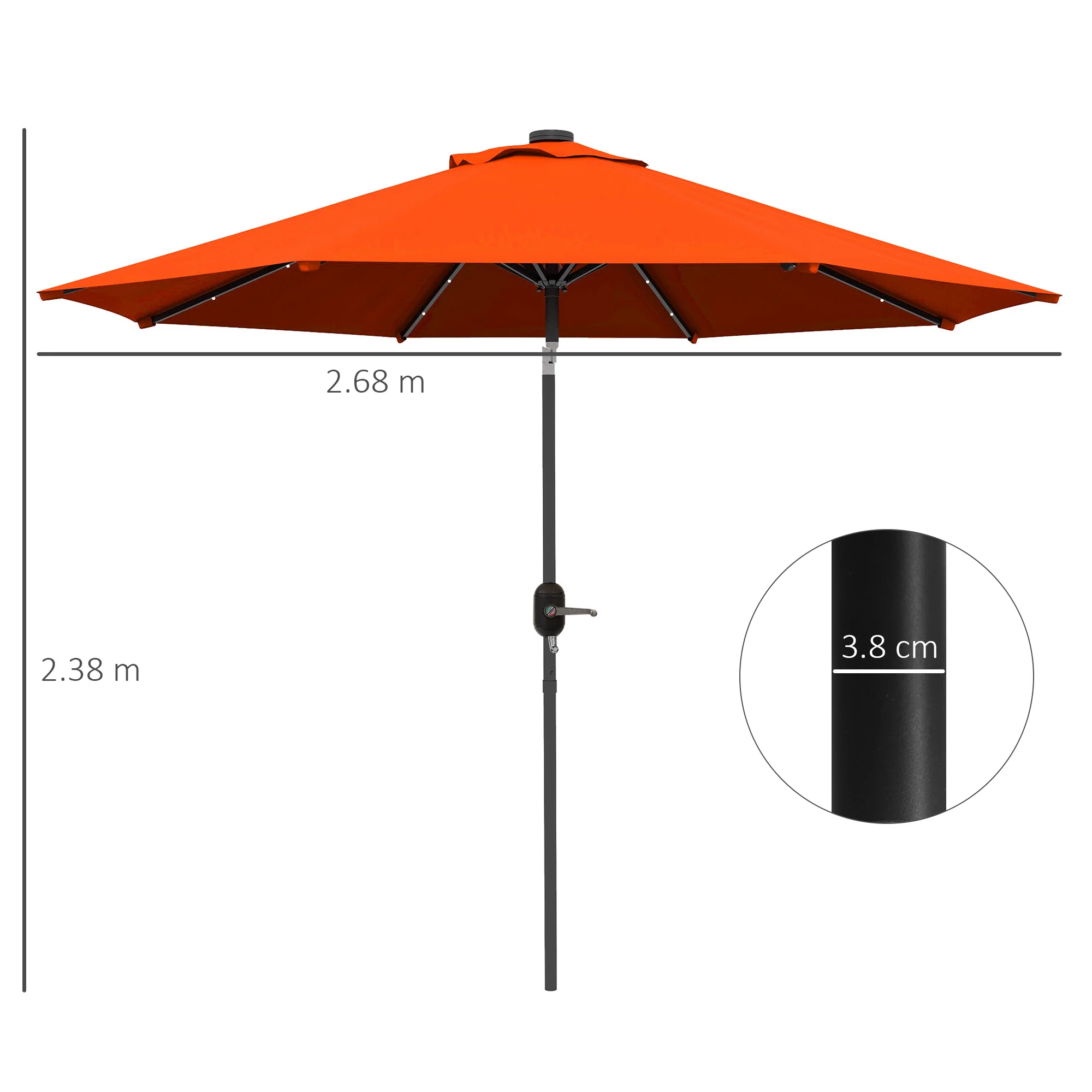 2.7m Patio Garden Parasol, Outdoor Umbrella with Tilt Crank & 24 LEDs Lights, Orange - Image 5