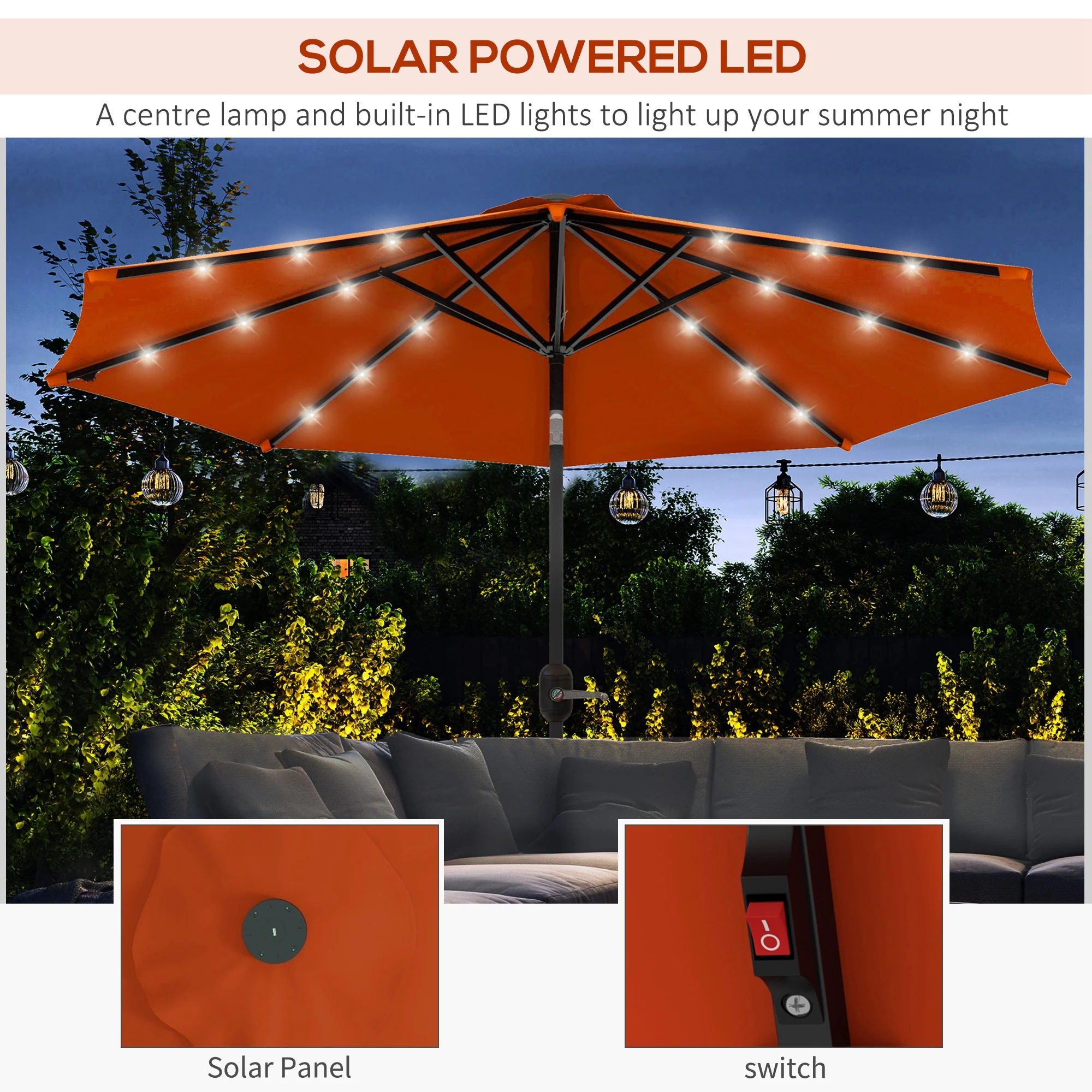 2.7m Patio Garden Parasol, Outdoor Umbrella with Tilt Crank & 24 LEDs Lights, Orange - Image 6