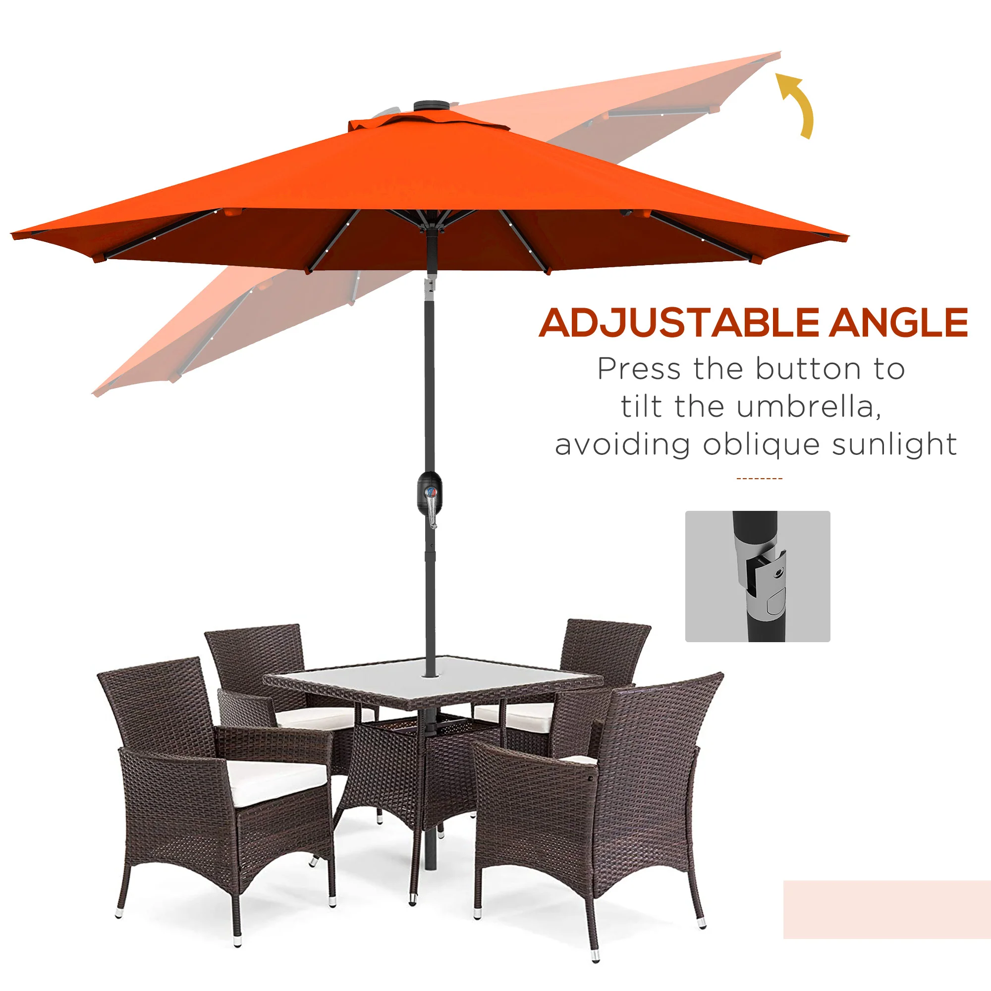 2.7m Patio Garden Parasol, Outdoor Umbrella with Tilt Crank & 24 LEDs Lights, Orange - Image 7