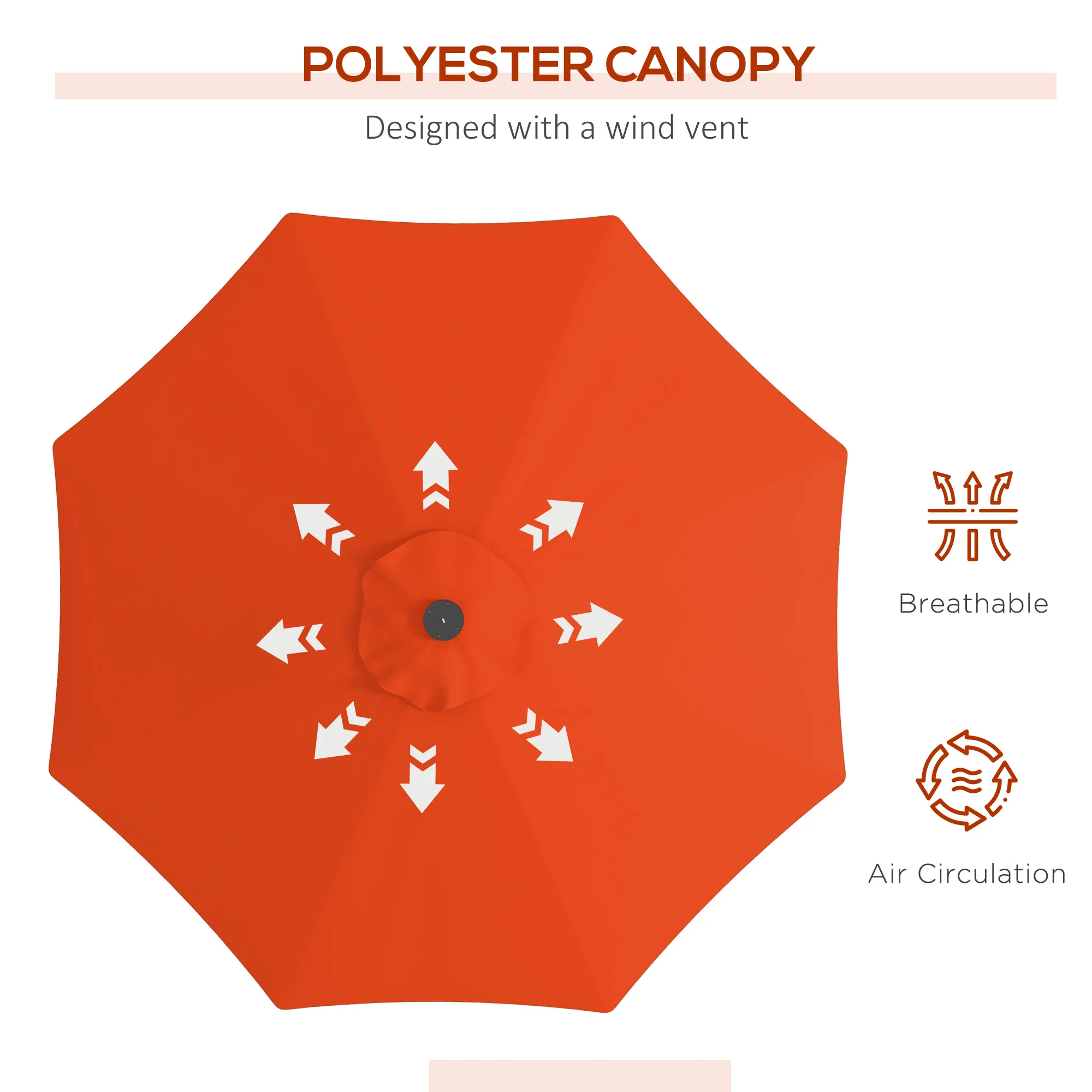 2.7m Patio Garden Parasol, Outdoor Umbrella with Tilt Crank & 24 LEDs Lights, Orange - Image 8