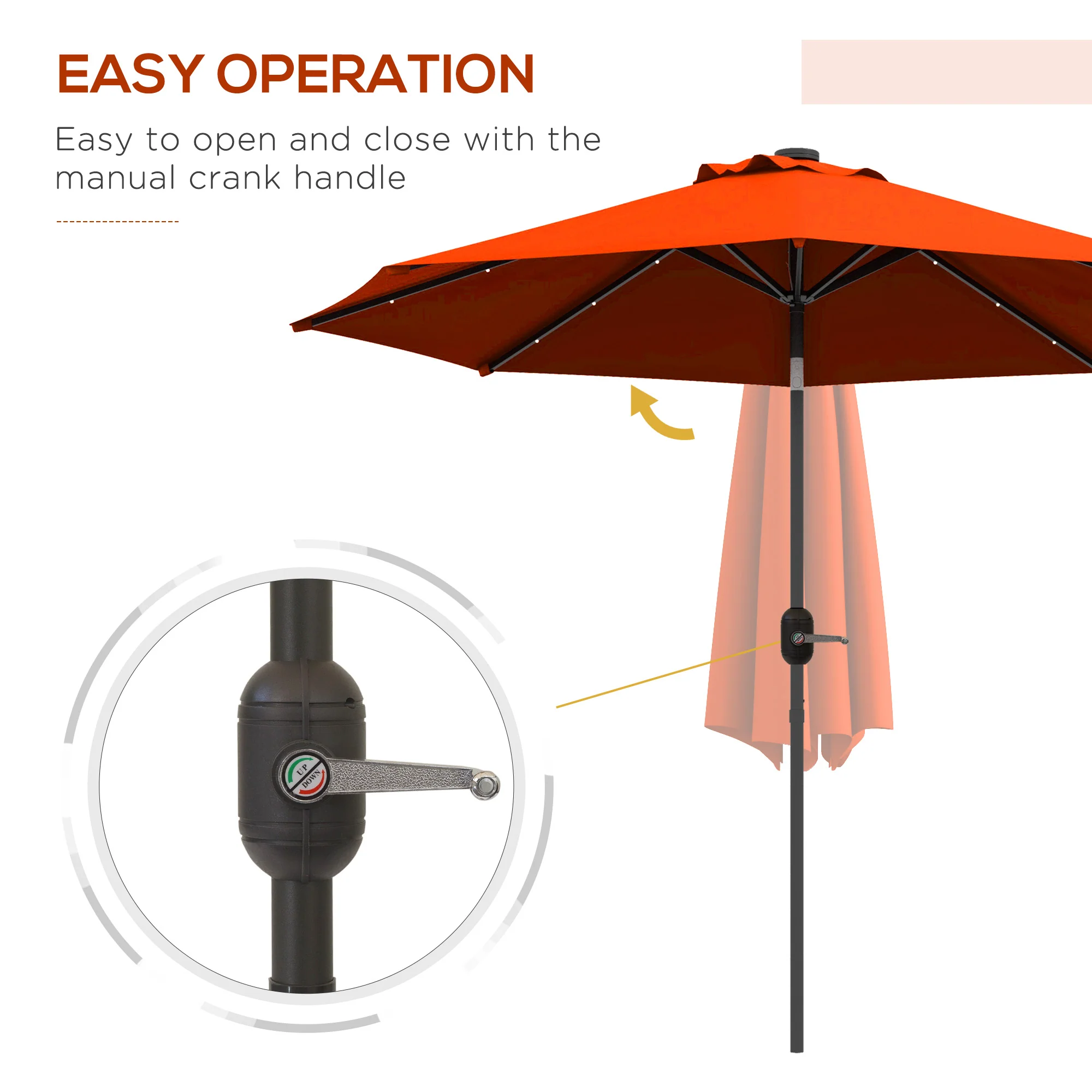 2.7m Patio Garden Parasol, Outdoor Umbrella with Tilt Crank & 24 LEDs Lights, Orange - Image 9