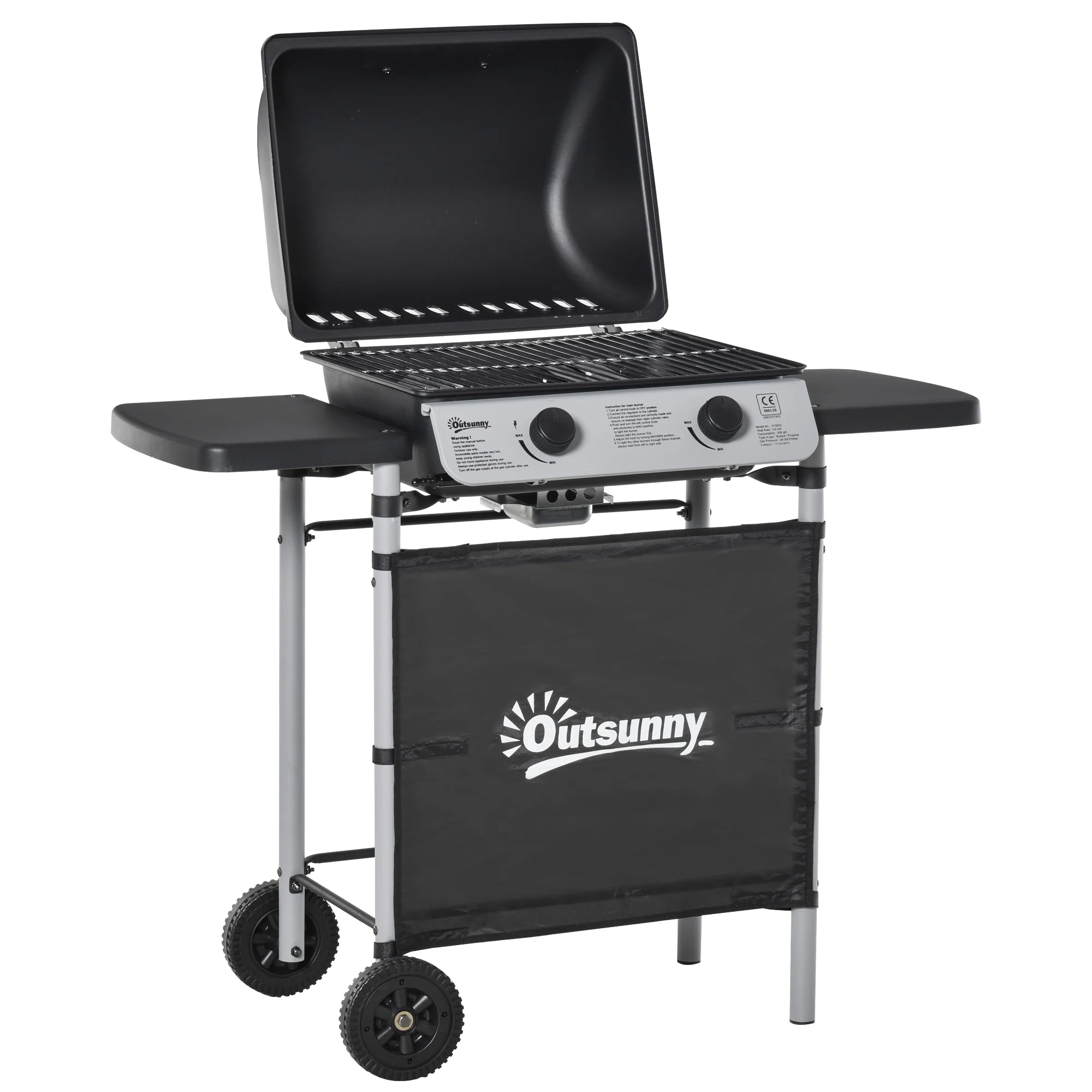 Burner Gas BBQ Trolley with Lid, 5.6 kW Gas Barbecue Grill w/ Wheels & Side Shelves, Grey - Image 2
