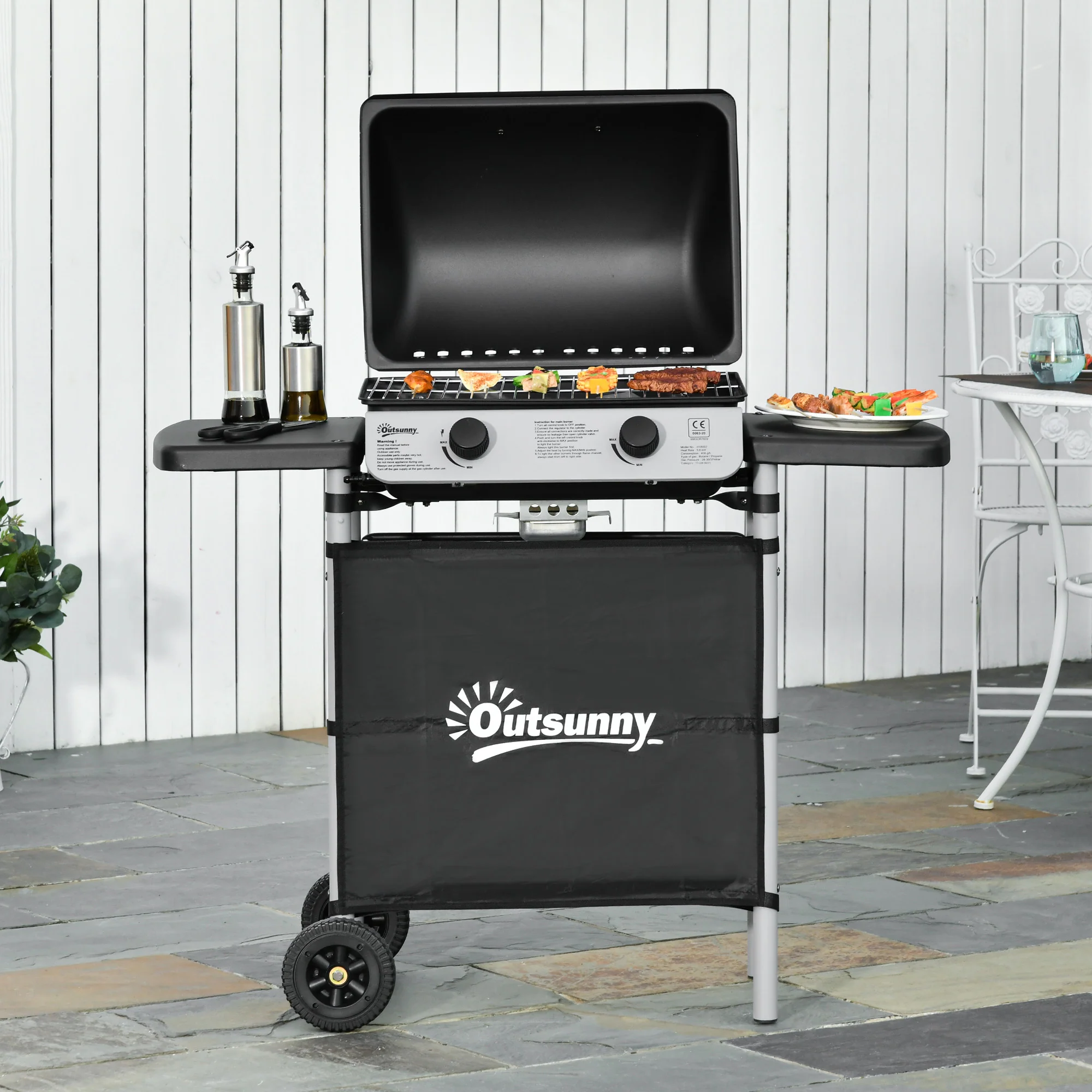 Burner Gas BBQ Trolley with Lid, 5.6 kW Gas Barbecue Grill w/ Wheels & Side Shelves, Grey - Image 3