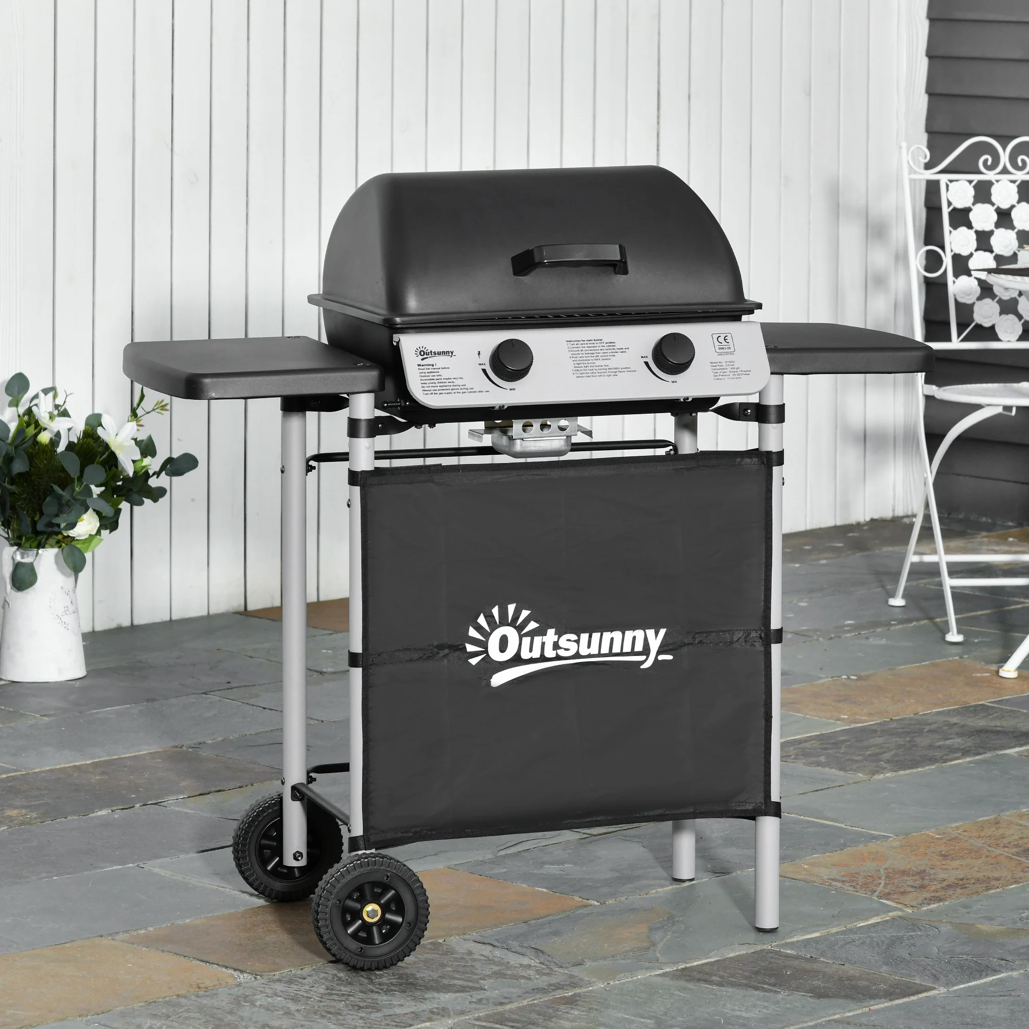 Burner Gas BBQ Trolley with Lid, 5.6 kW Gas Barbecue Grill w/ Wheels & Side Shelves, Grey - Image 4