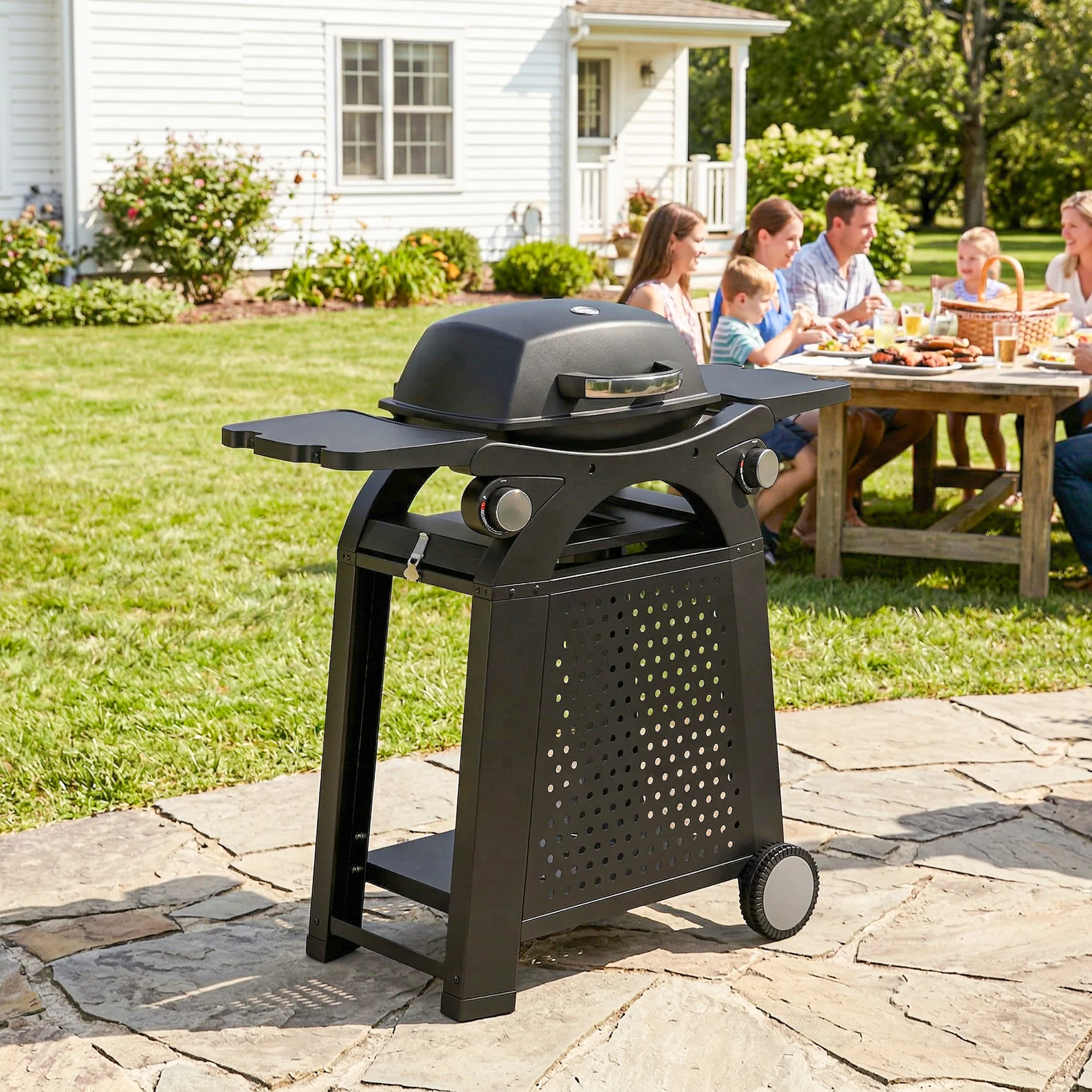 2 Burner Gas Grill with Wheels, Side Tables and Cast Iron Grates, Black - Image 11