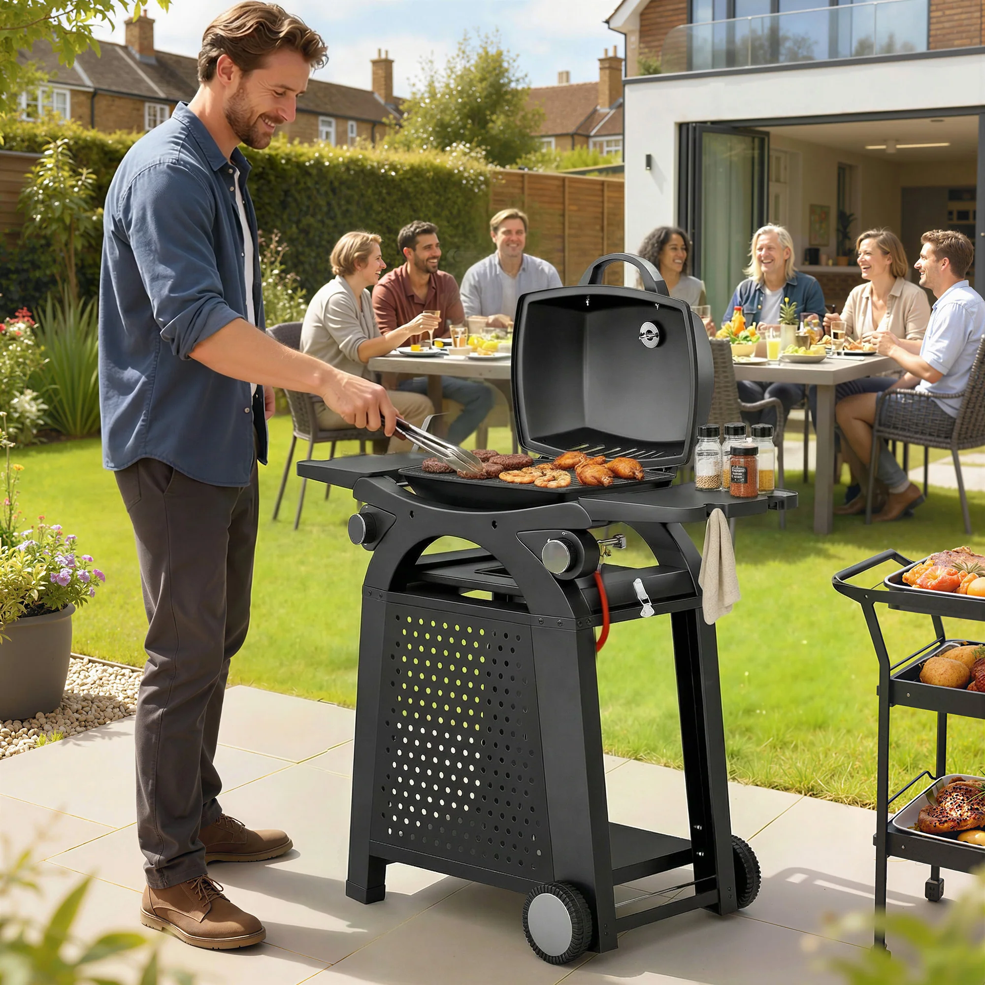 2 Burner Gas Grill with Wheels, Side Tables and Cast Iron Grates, Black - Image 3