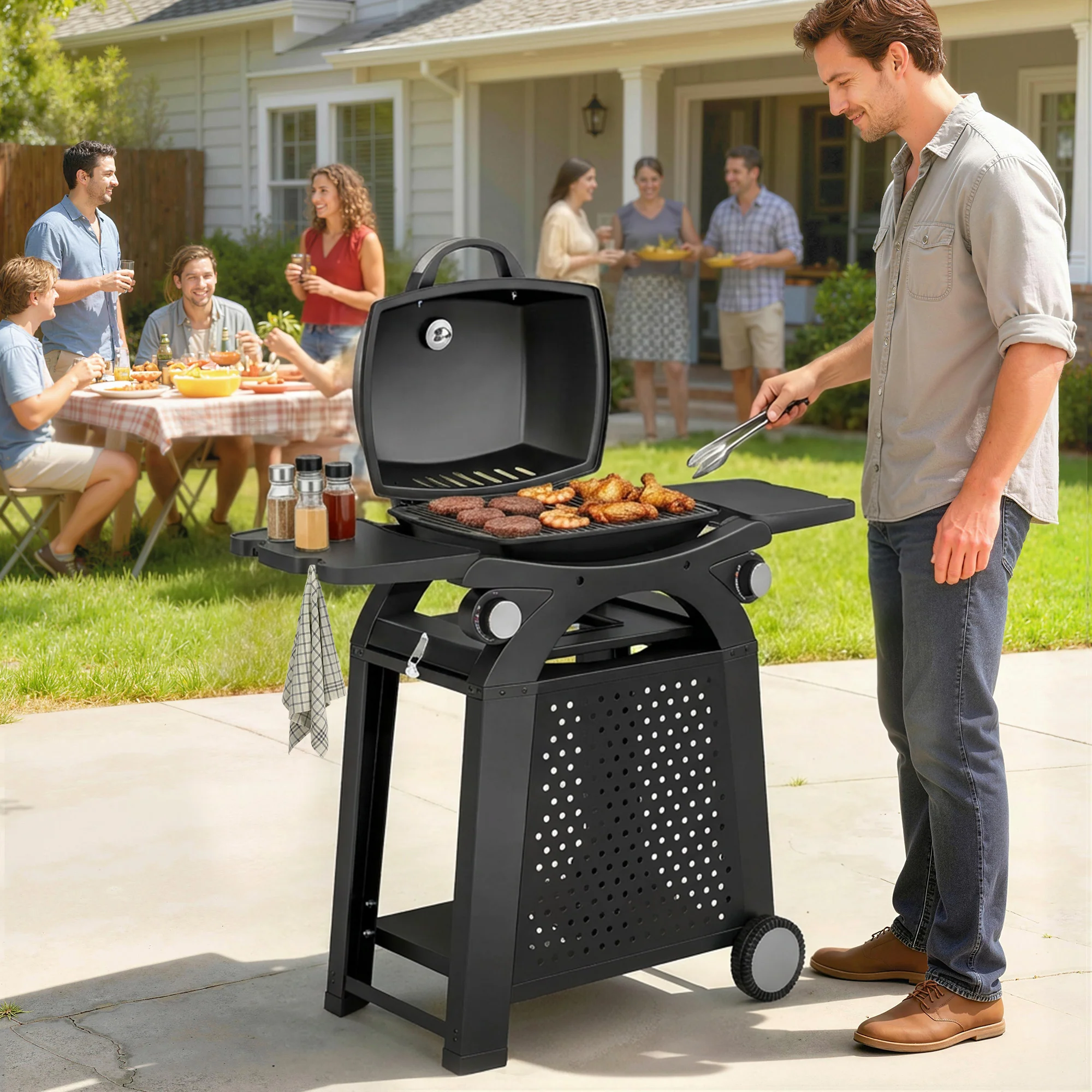 2 Burner Gas Grill with Wheels, Side Tables and Cast Iron Grates, Black - Image 4