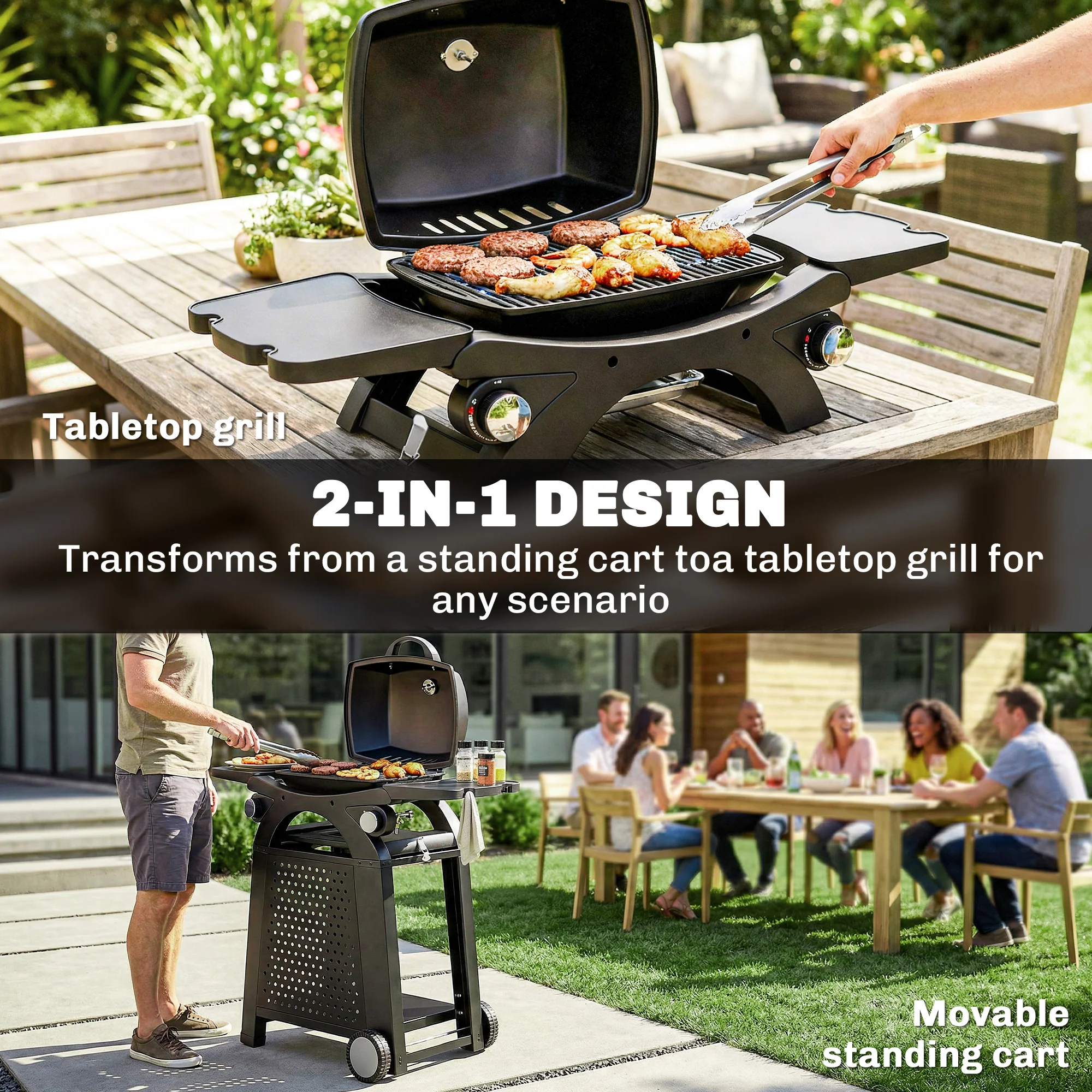 2 Burner Gas Grill with Wheels, Side Tables and Cast Iron Grates, Black - Image 6