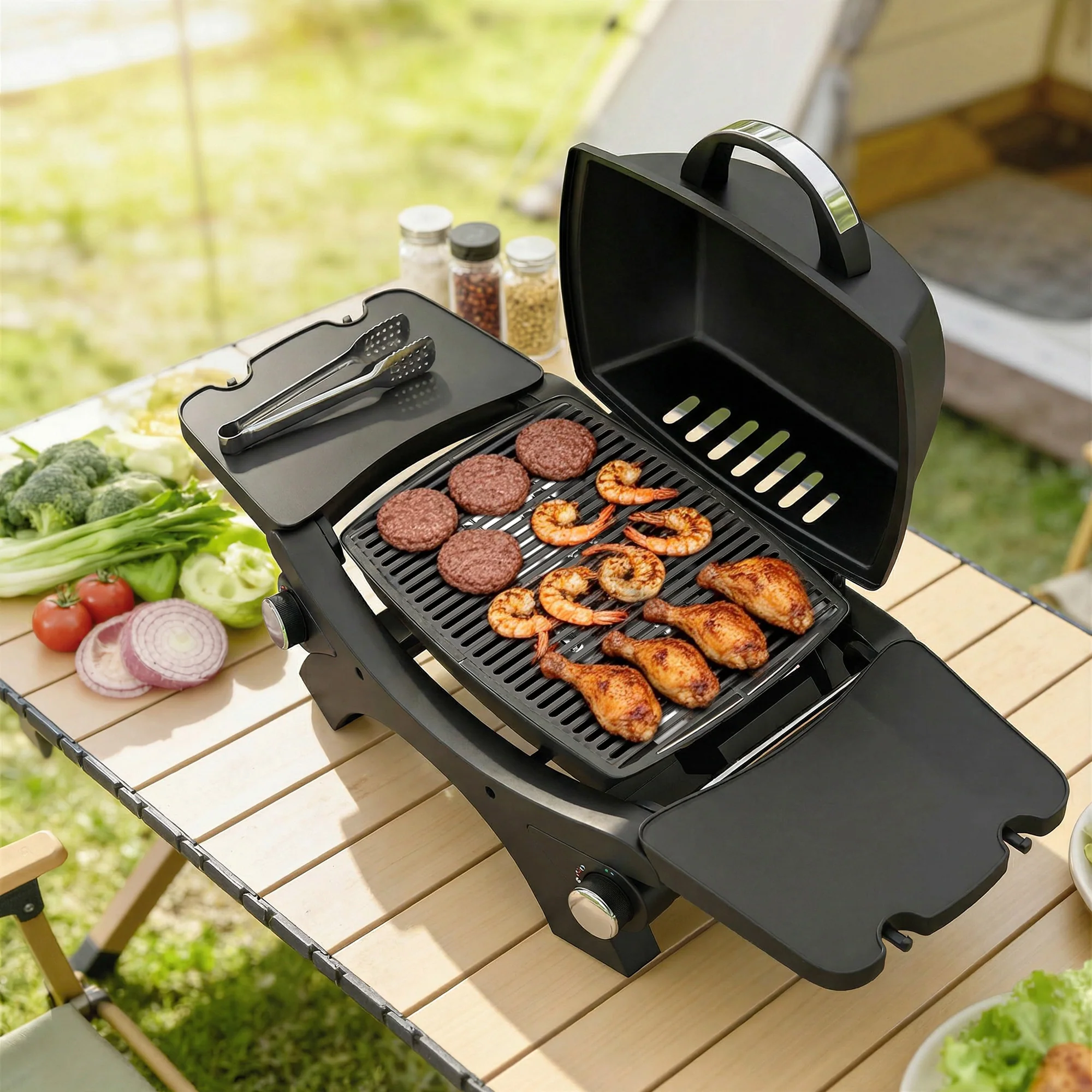 2 Burner Gas Grill with 2 Side Tables and Cast Iron Grates, Black - Image 11