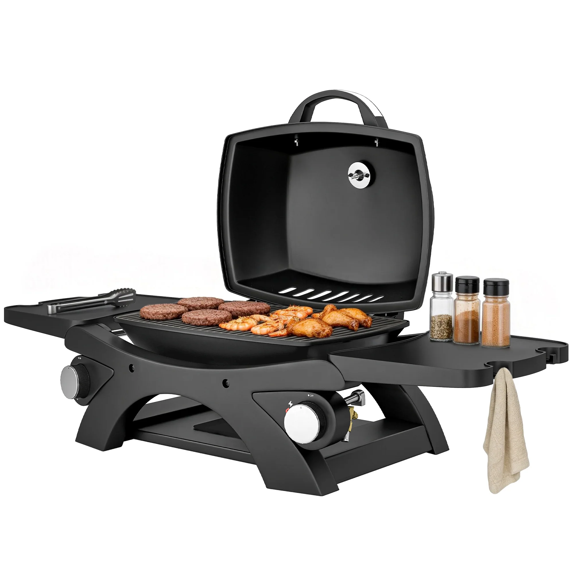 2 Burner Gas Grill with 2 Side Tables and Cast Iron Grates, Black - Image 2