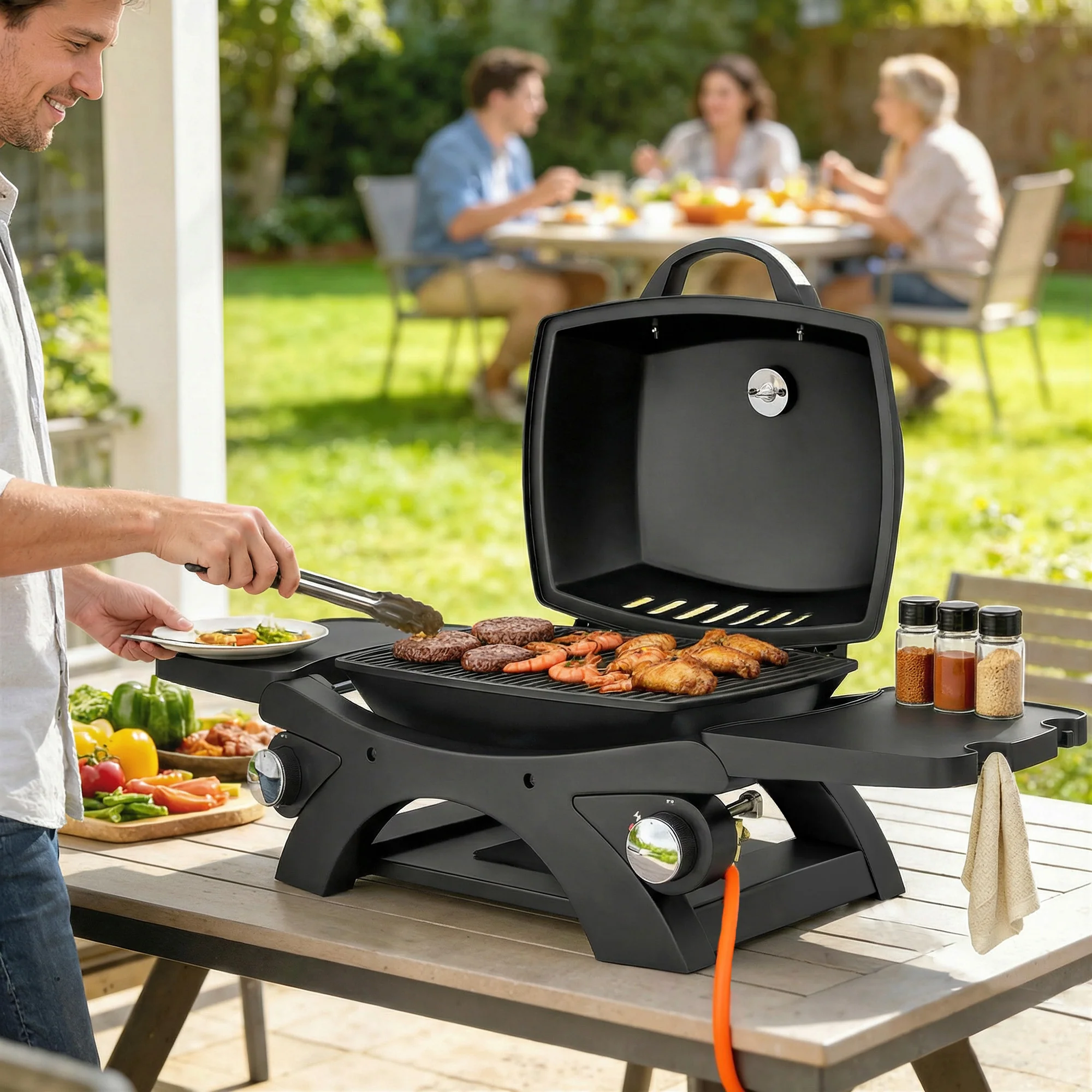 2 Burner Gas Grill with 2 Side Tables and Cast Iron Grates, Black - Image 3