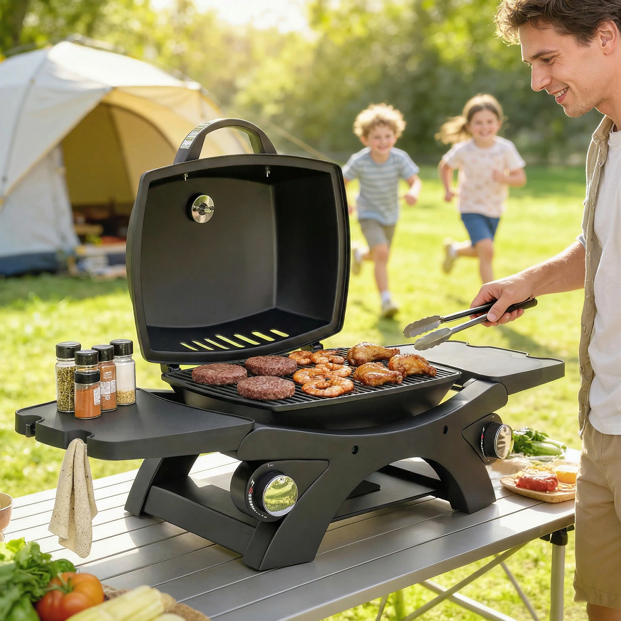 2 Burner Gas Grill with 2 Side Tables and Cast Iron Grates, Black - Image 4