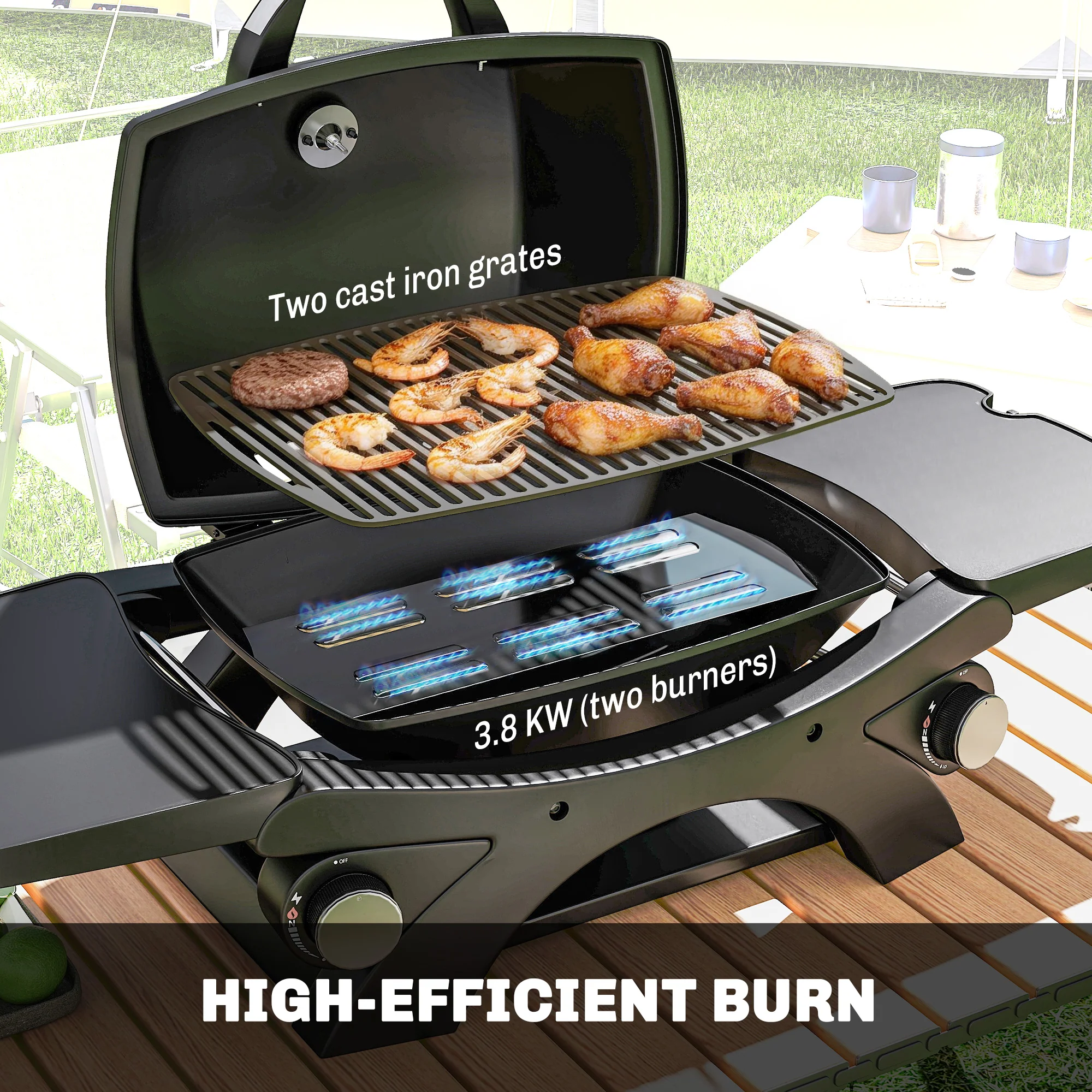 2 Burner Gas Grill with 2 Side Tables and Cast Iron Grates, Black - Image 6