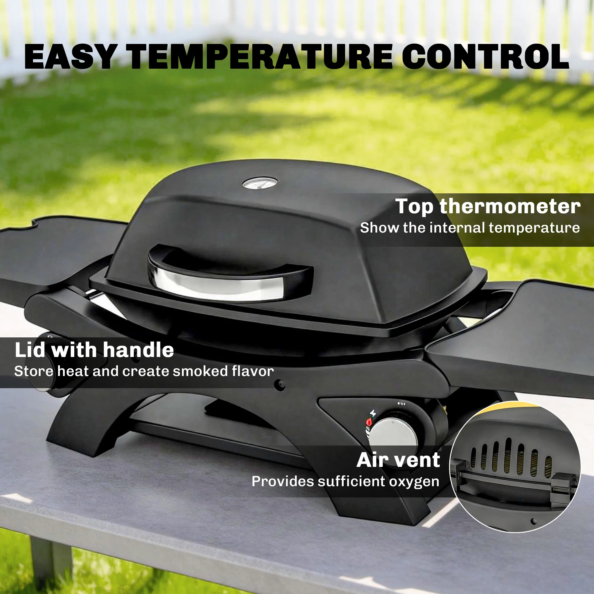 2 Burner Gas Grill with 2 Side Tables and Cast Iron Grates, Black - Image 7
