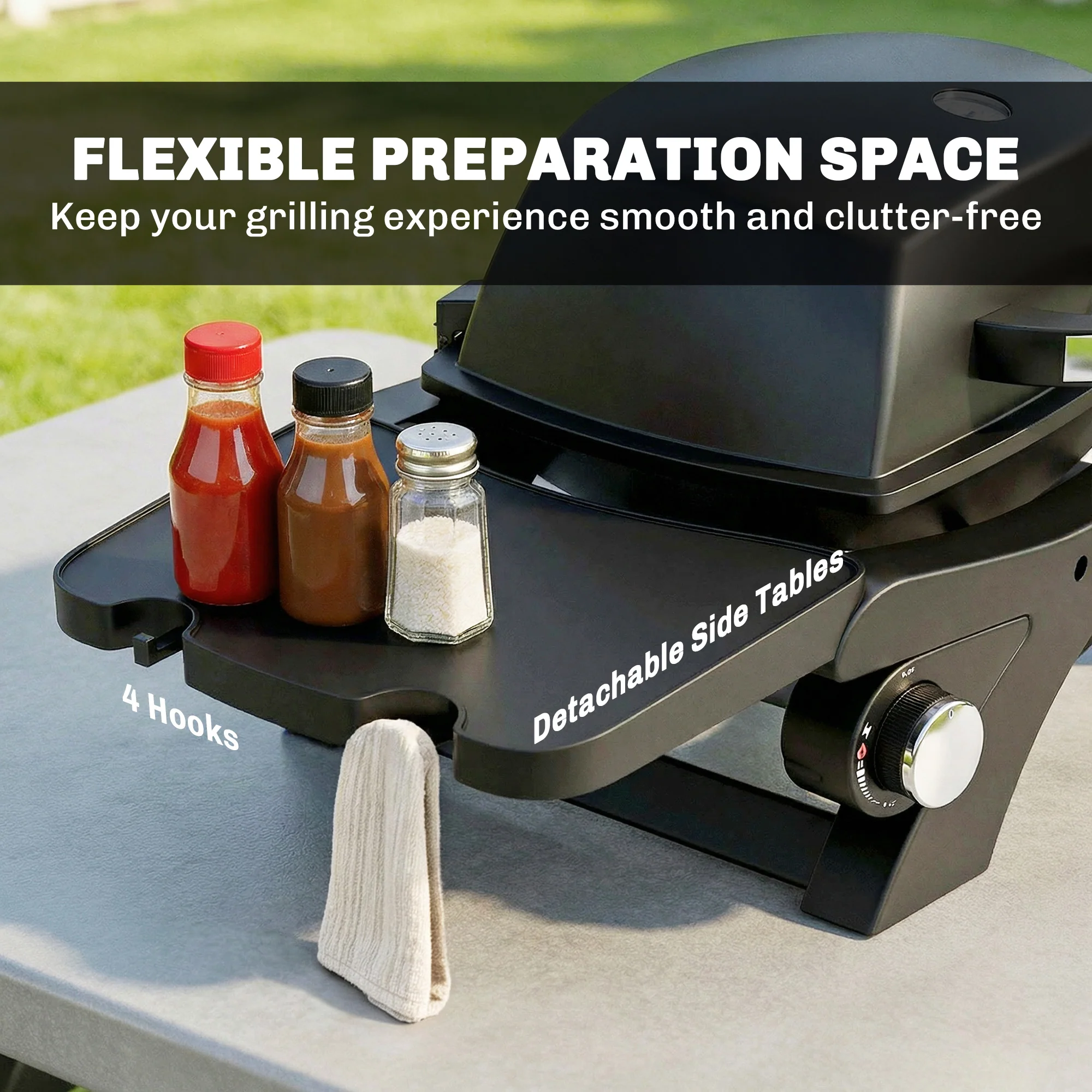 2 Burner Gas Grill with 2 Side Tables and Cast Iron Grates, Black - Image 8