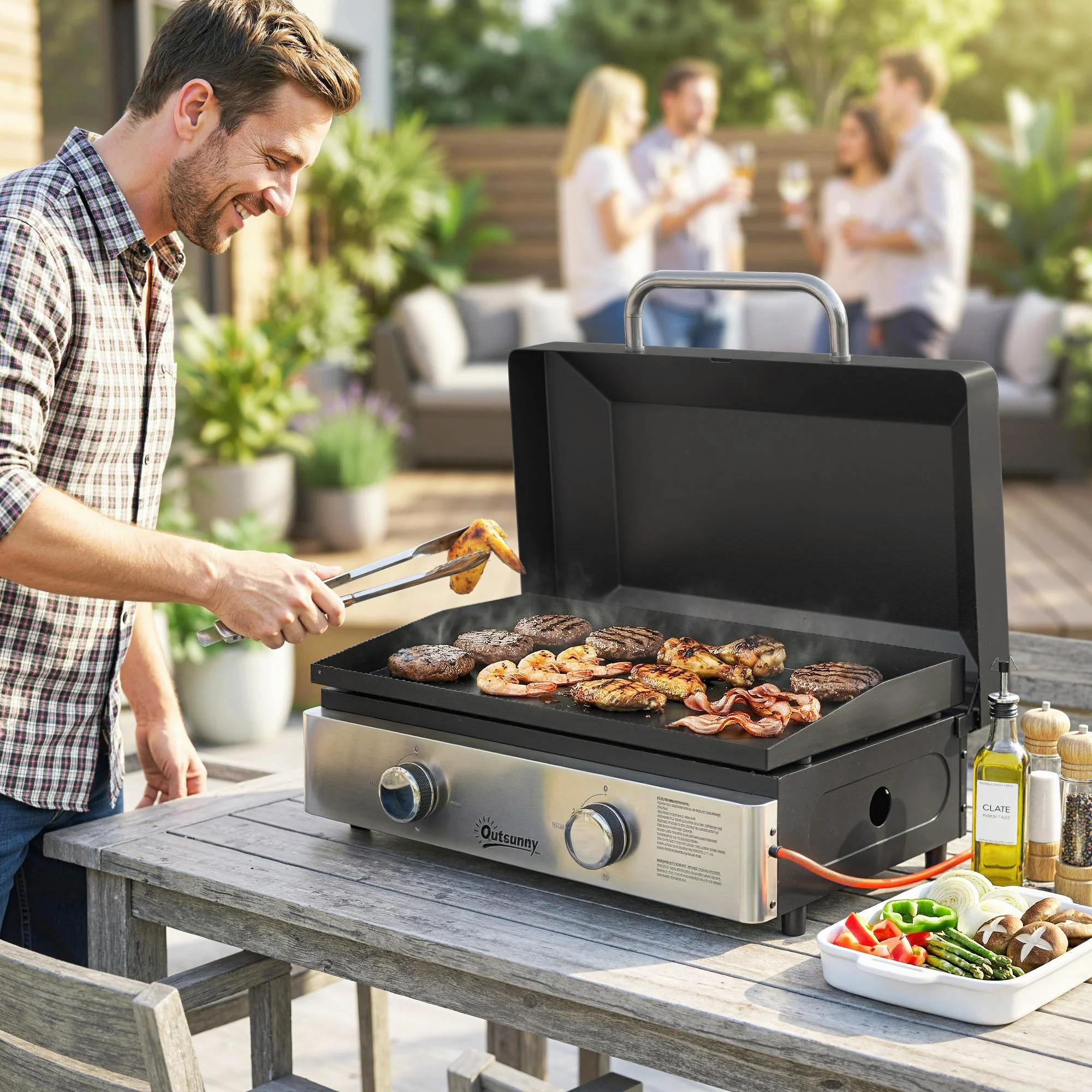2-Burner Portable 6 kW Gas Plancha Tabletop Griddle with Grease Cup for Camping, Black - Image 3