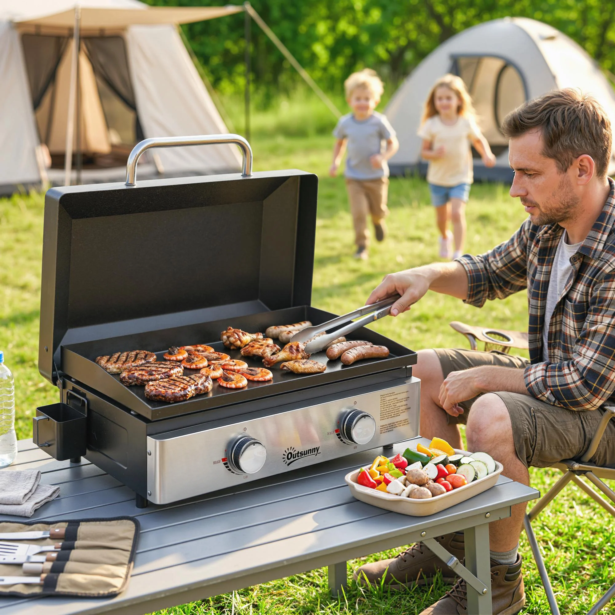 2-Burner Portable 6 kW Gas Plancha Tabletop Griddle with Grease Cup for Camping, Black - Image 4