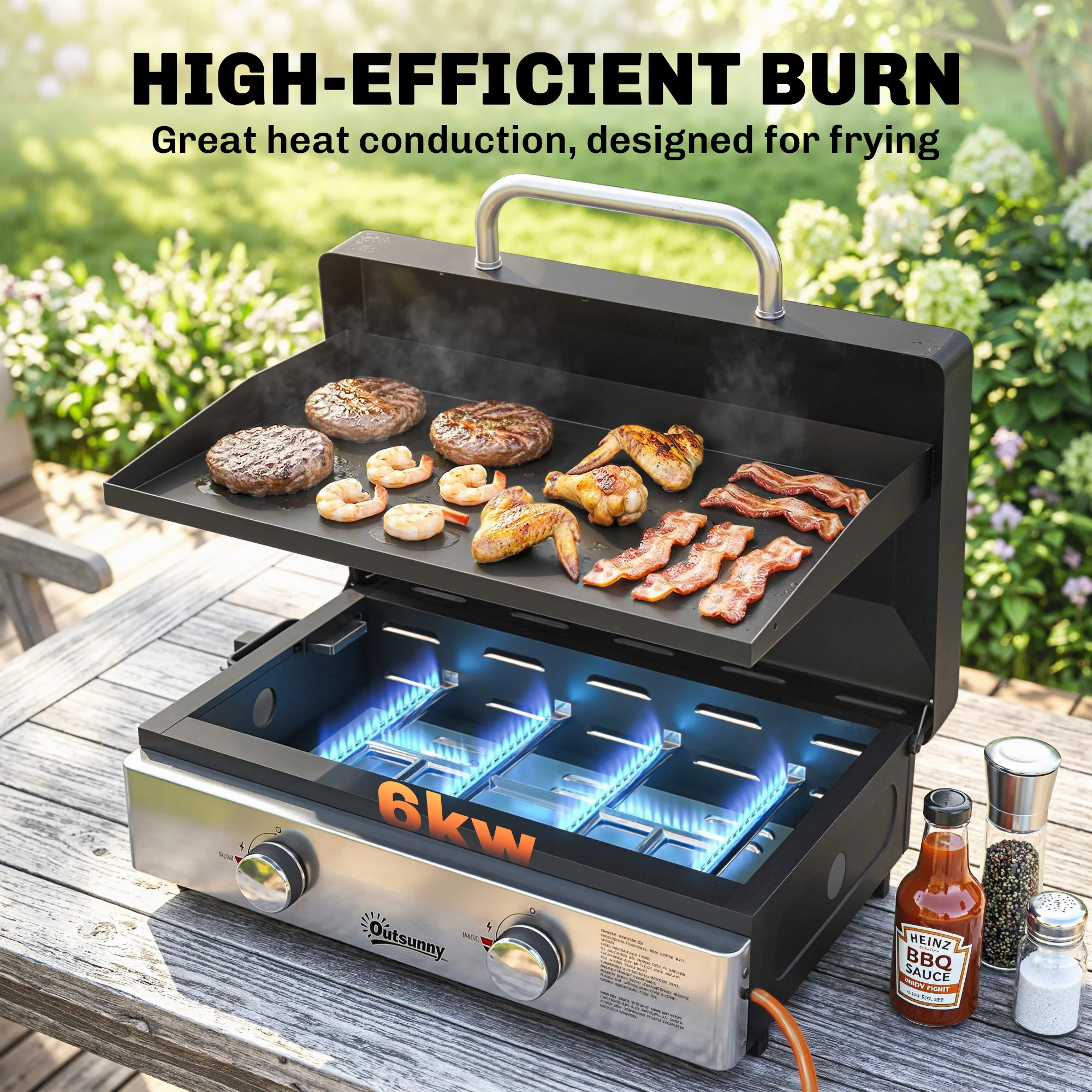 2-Burner Portable 6 kW Gas Plancha Tabletop Griddle with Grease Cup for Camping, Black - Image 6