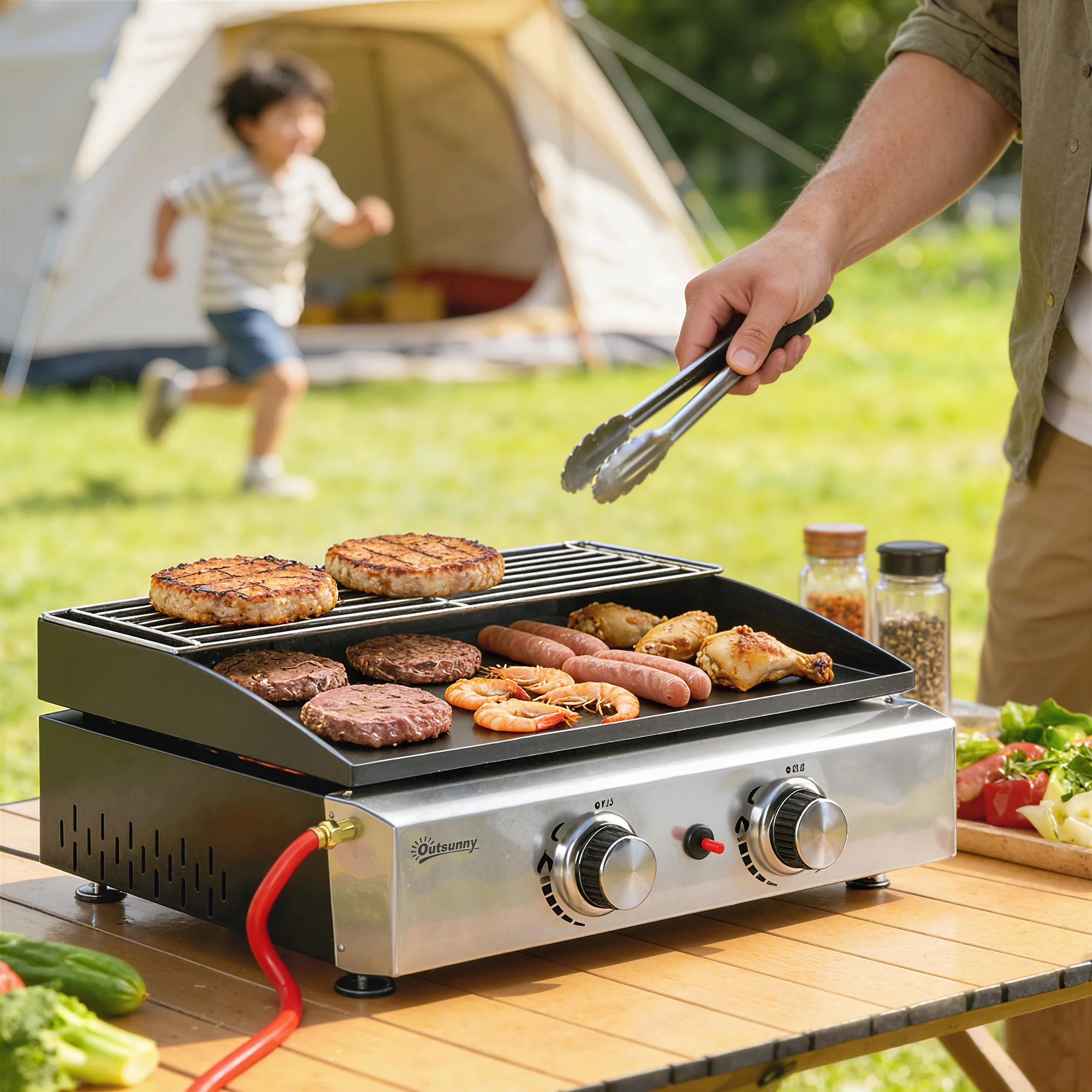2 Burner Gas Plancha Grill with Warming Rack, 5 kW, Black - Image 4