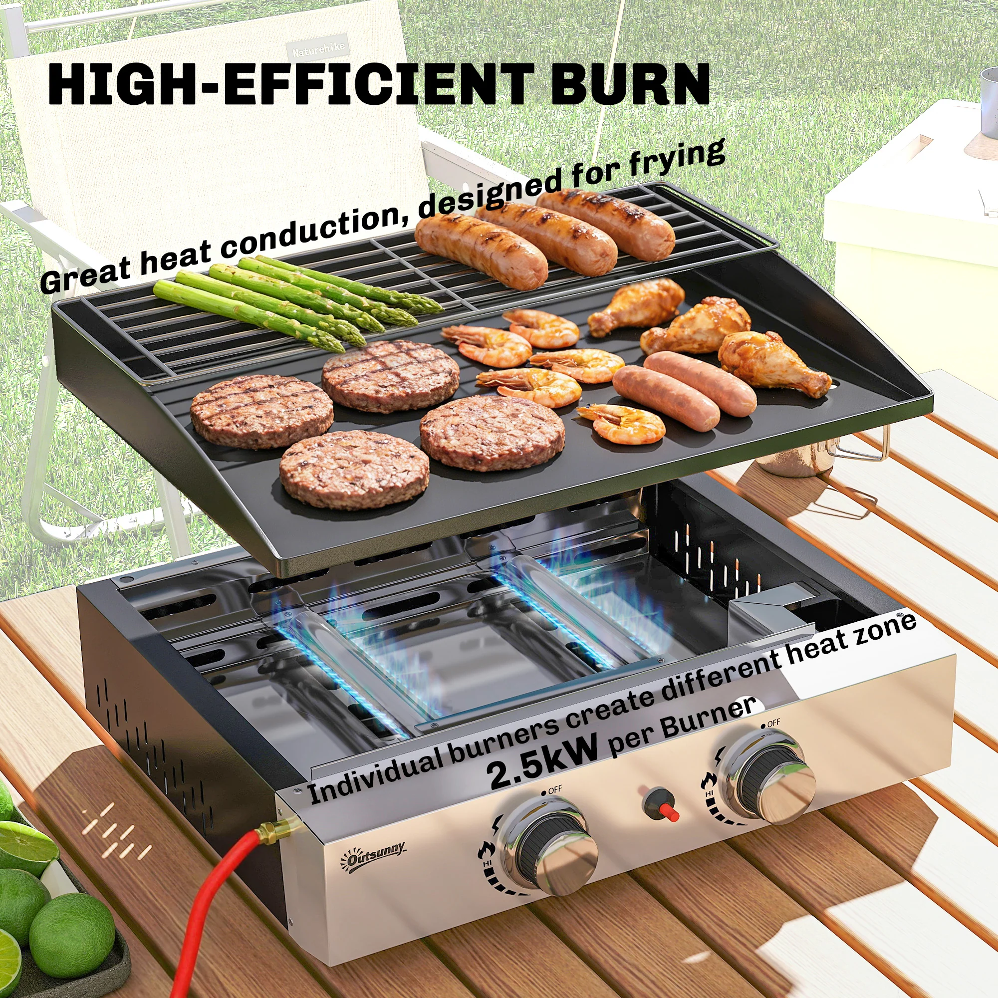 2 Burner Gas Plancha Grill with Warming Rack, 5 kW, Black - Image 6
