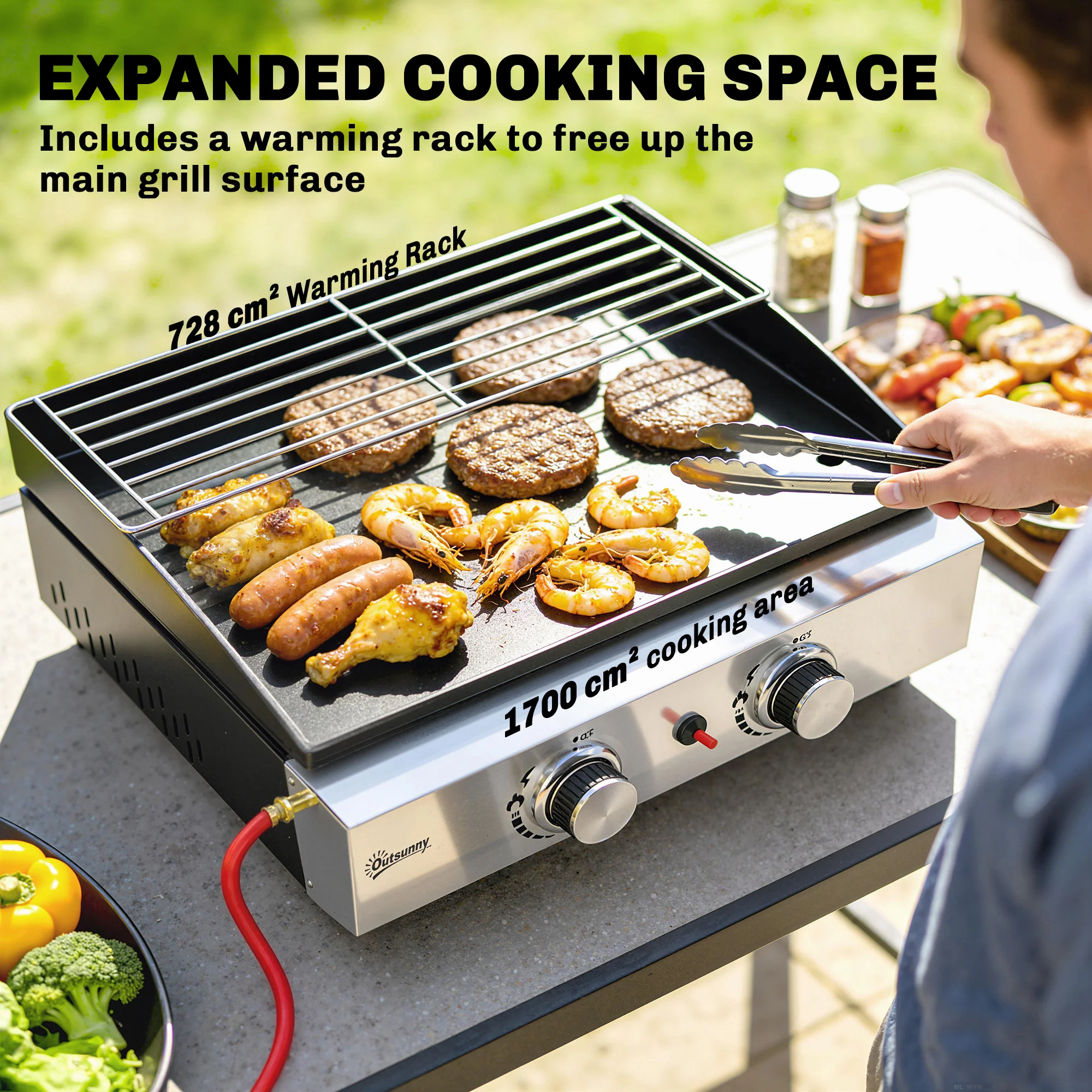 2 Burner Gas Plancha Grill with Warming Rack, 5 kW, Black - Image 7