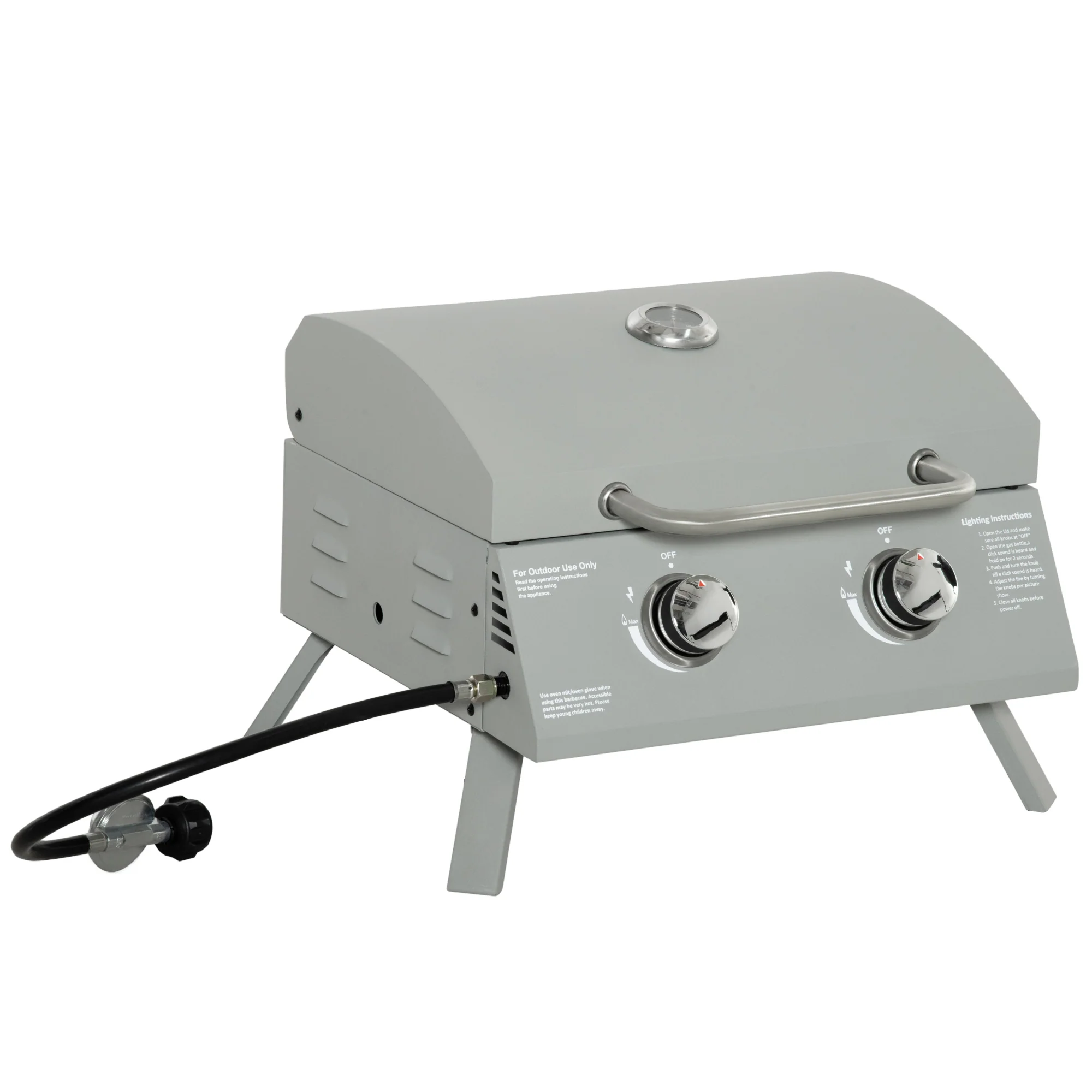 2 Burner Portable Propane Gas Grill with Foldable Legs, Silver