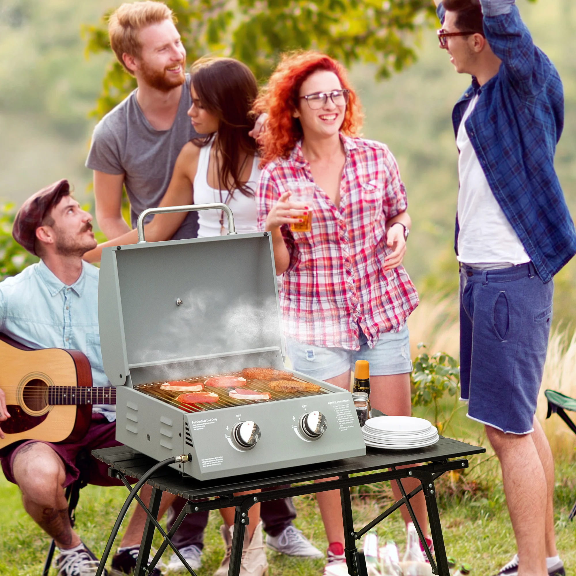 2 Burner Portable Propane Gas Grill with Foldable Legs, Silver - Image 3