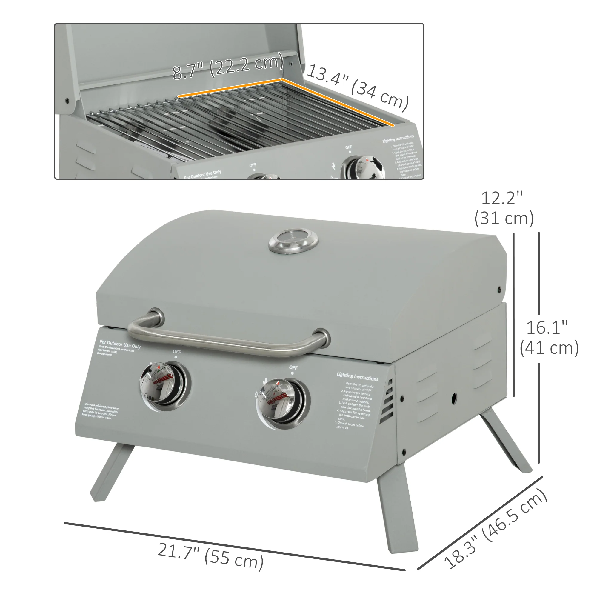 2 Burner Portable Propane Gas Grill with Foldable Legs, Silver - Image 5