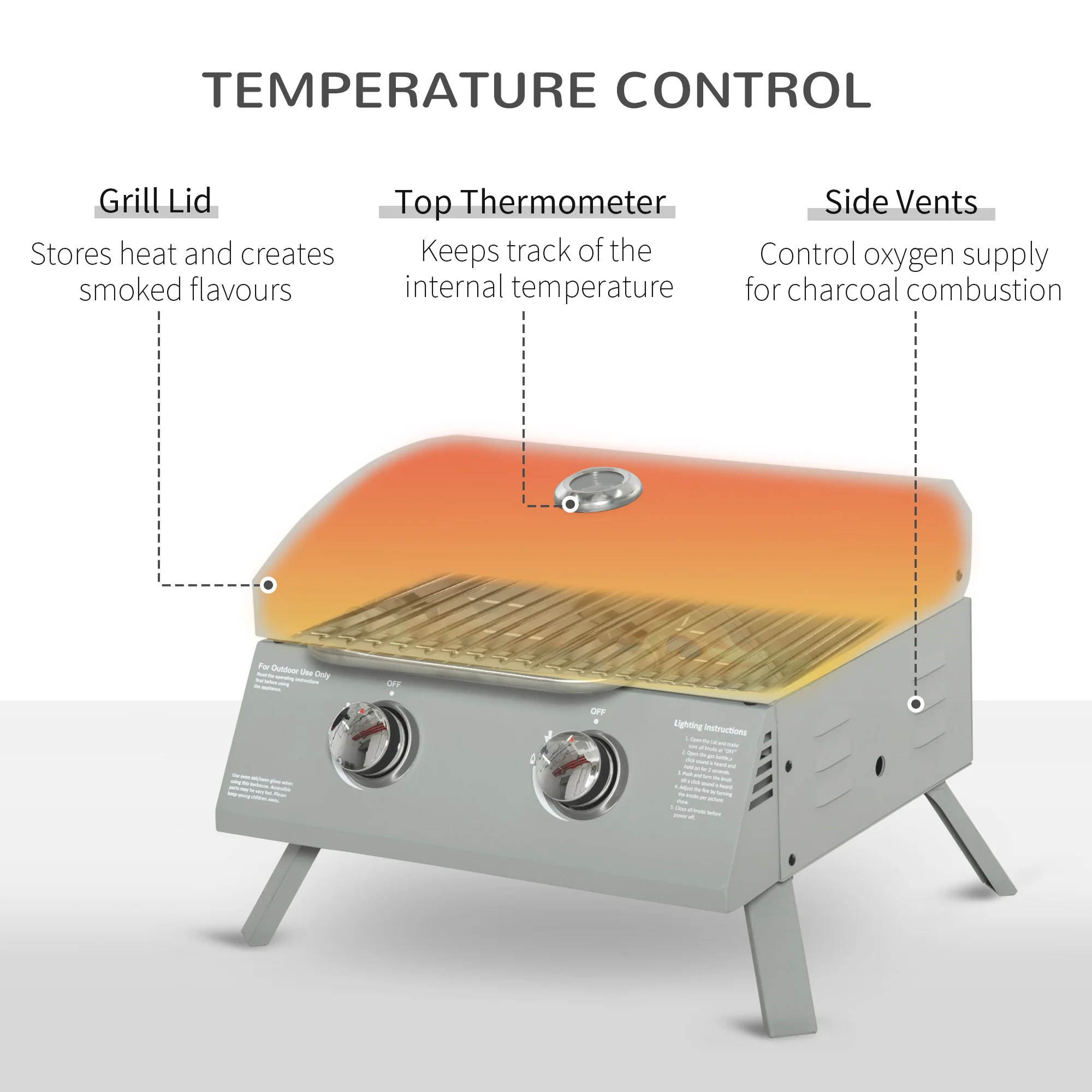2 Burner Portable Propane Gas Grill with Foldable Legs, Silver - Image 6