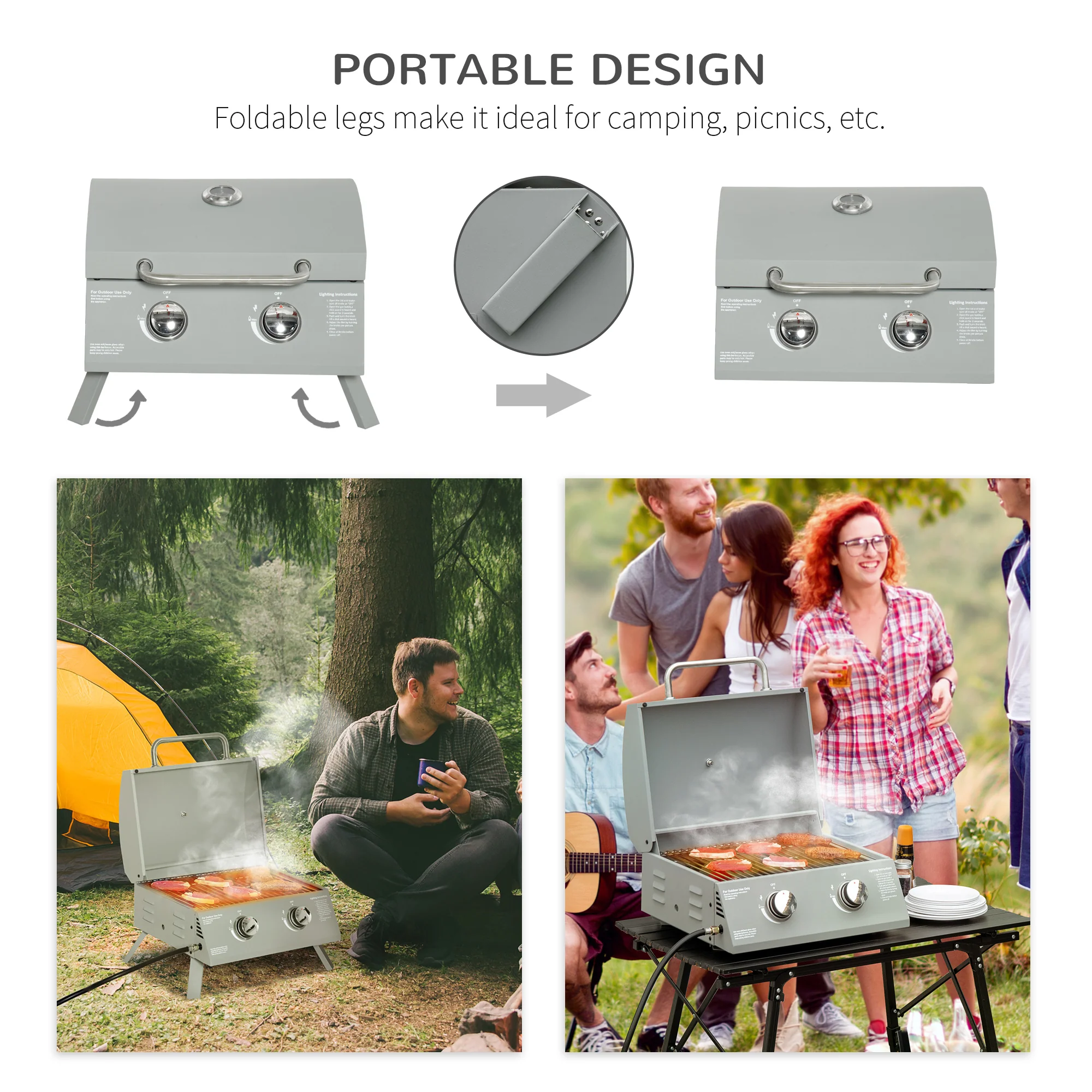 2 Burner Portable Propane Gas Grill with Foldable Legs, Silver - Image 7