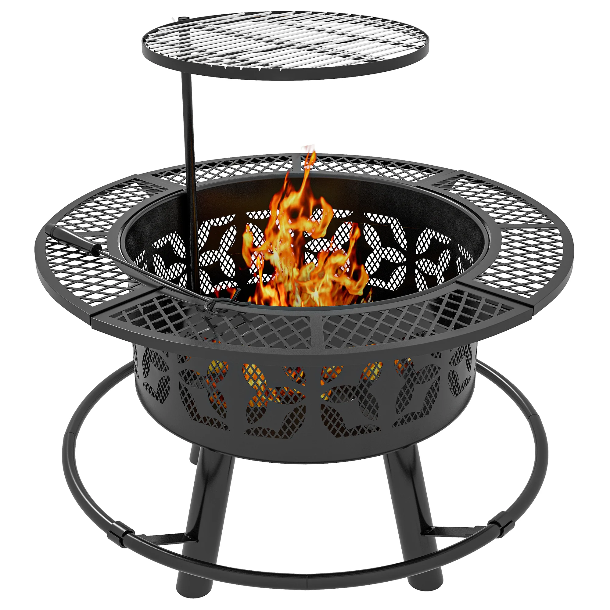 2-in-1 Fire Pit, 33" Portable Wood Burning Firepit with Adjustable Cooking Grate, Black - Image 2