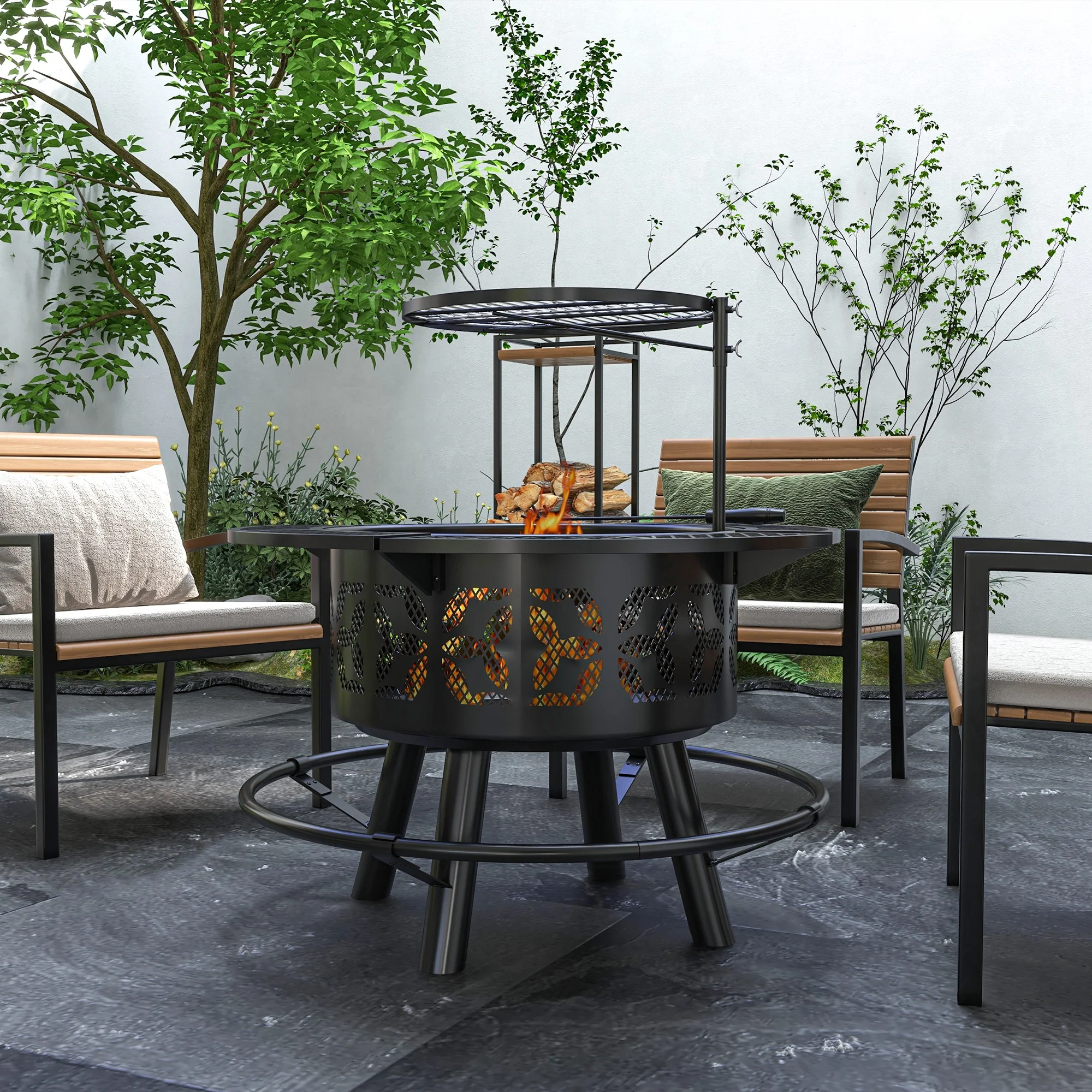 2-in-1 Fire Pit, 33" Portable Wood Burning Firepit with Adjustable Cooking Grate, Black - Image 3