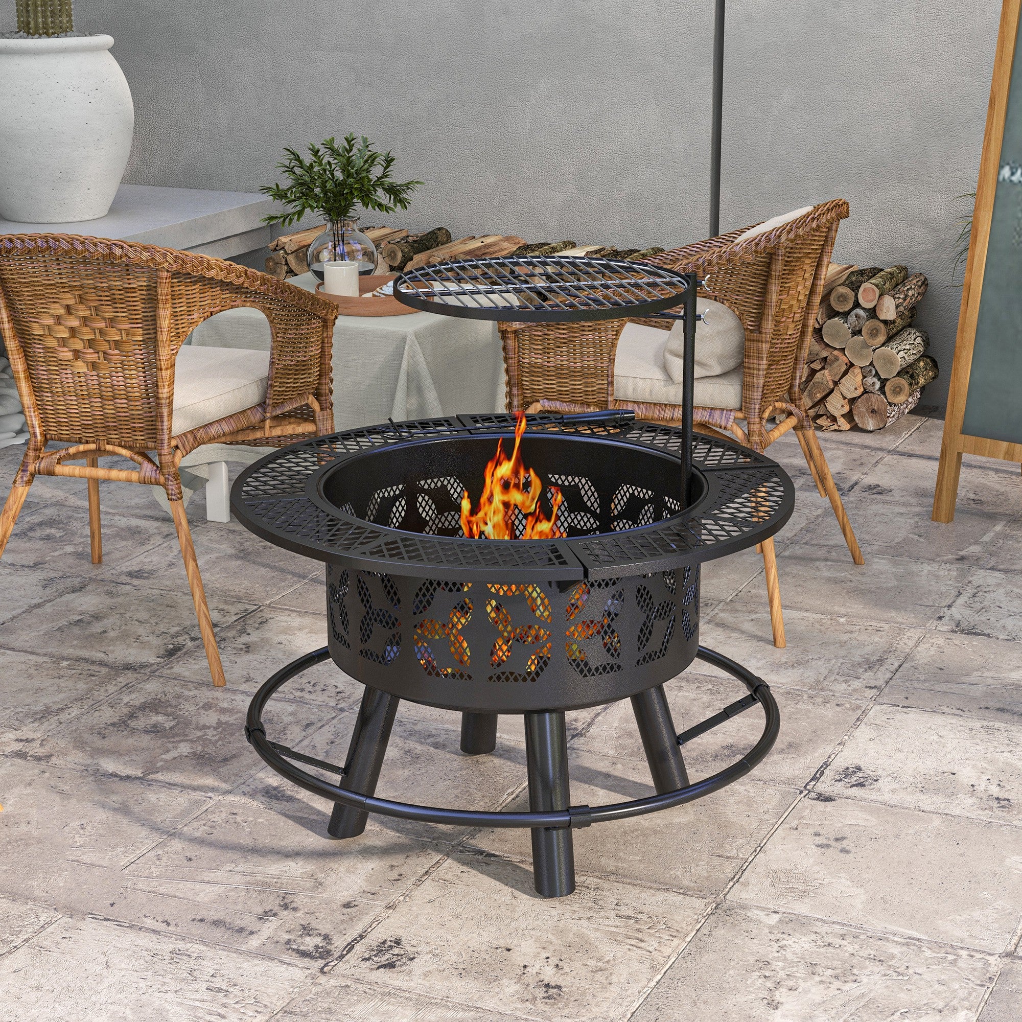 2-in-1 Fire Pit, 33" Portable Wood Burning Firepit with Adjustable Cooking Grate, Black - Image 4