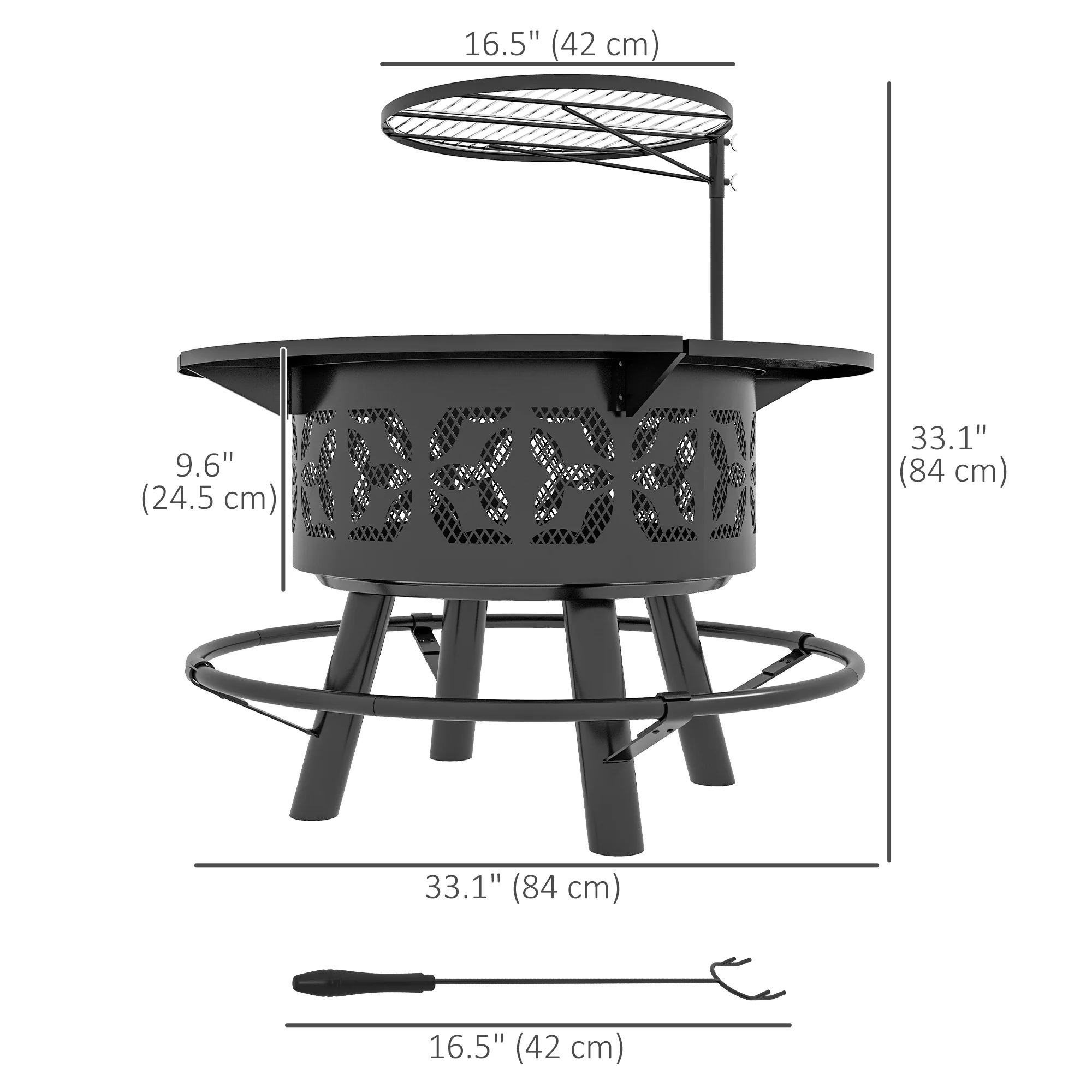 2-in-1 Fire Pit, 33" Portable Wood Burning Firepit with Adjustable Cooking Grate, Black - Image 5