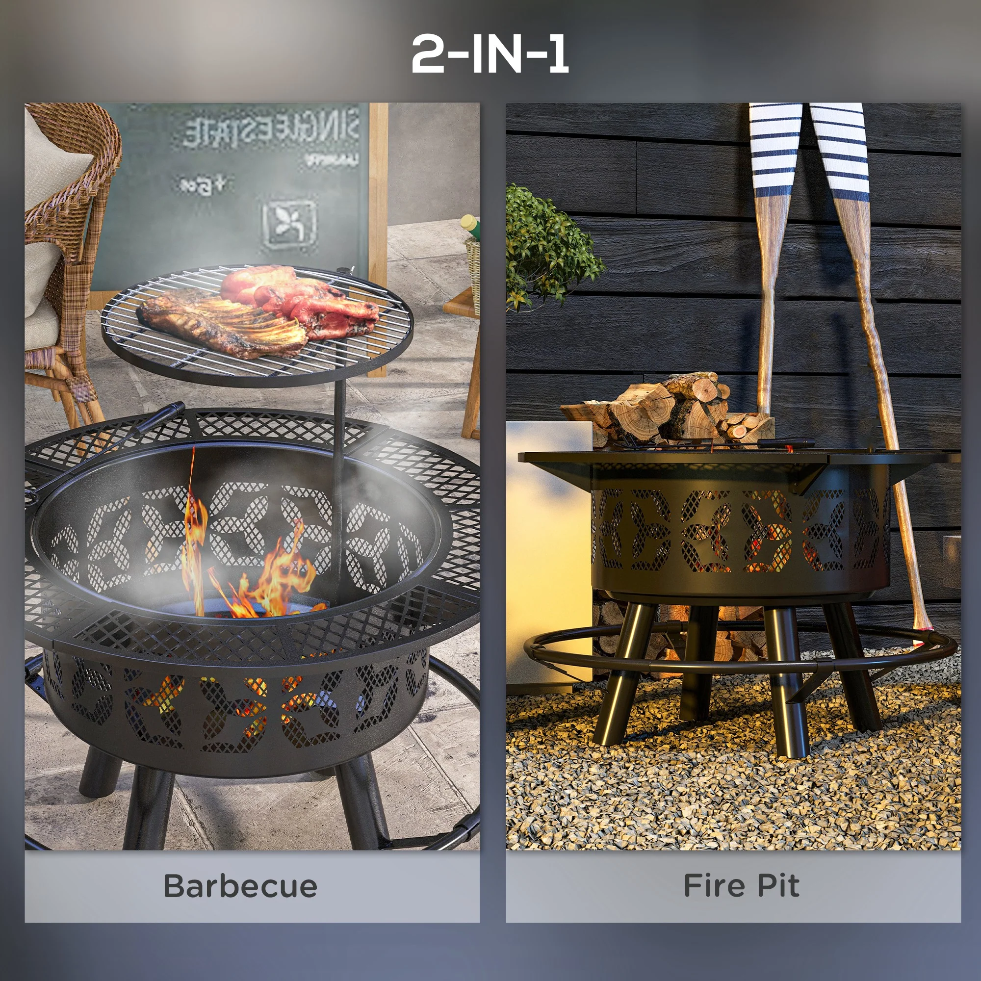 2-in-1 Fire Pit, 33" Portable Wood Burning Firepit with Adjustable Cooking Grate, Black - Image 6