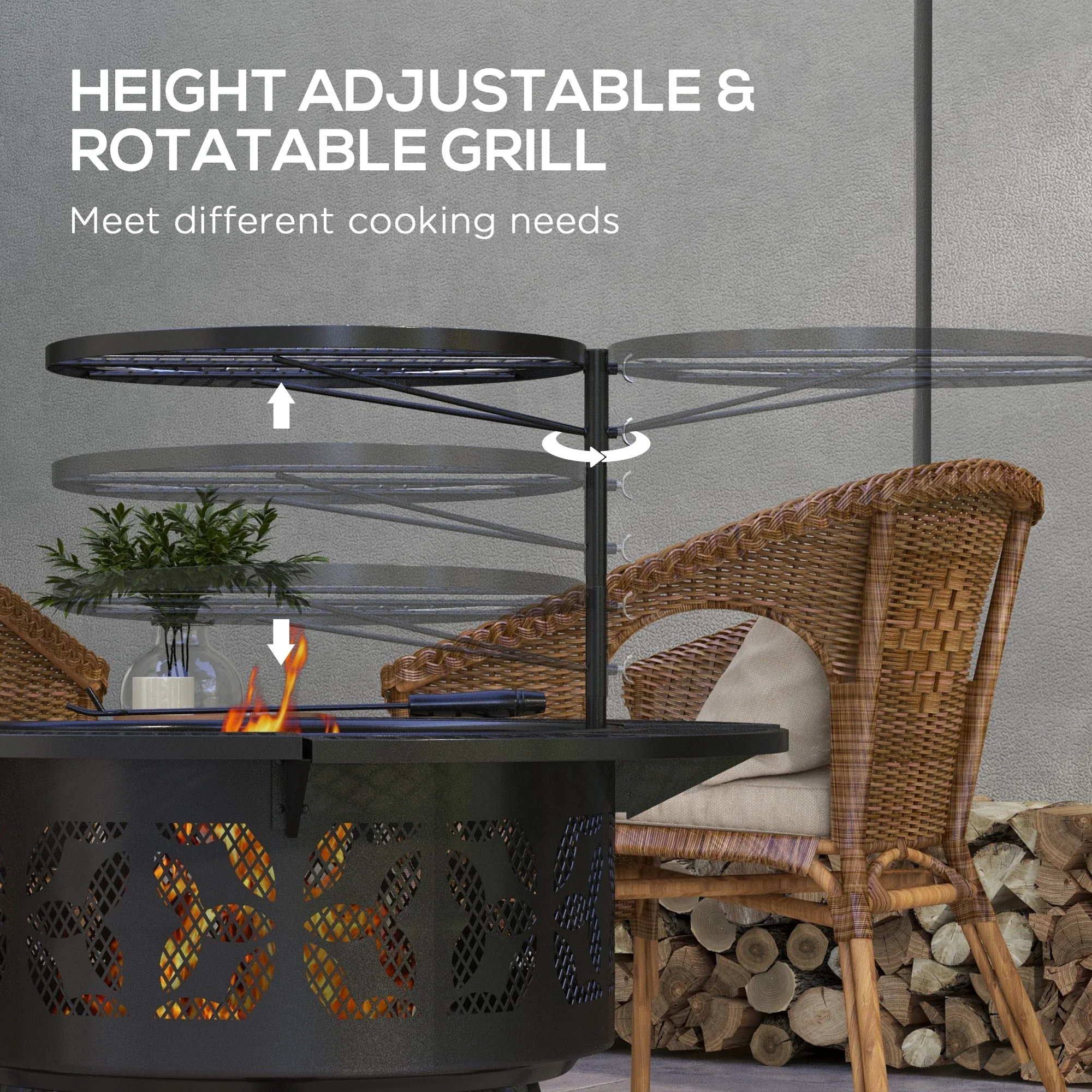 2-in-1 Fire Pit, 33" Portable Wood Burning Firepit with Adjustable Cooking Grate, Black - Image 7
