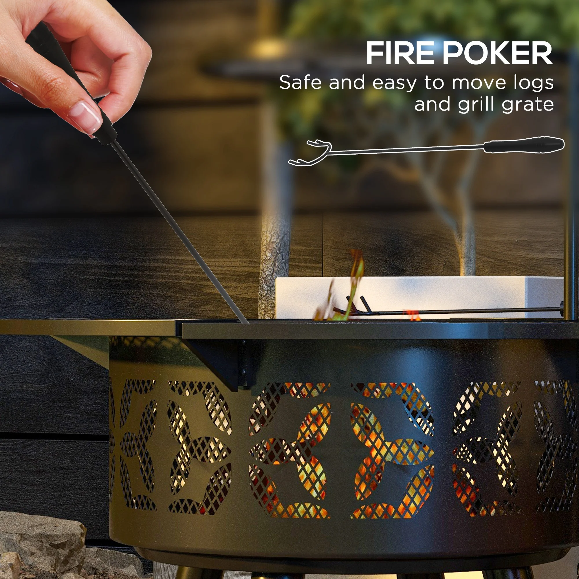 2-in-1 Fire Pit, 33" Portable Wood Burning Firepit with Adjustable Cooking Grate, Black - Image 9