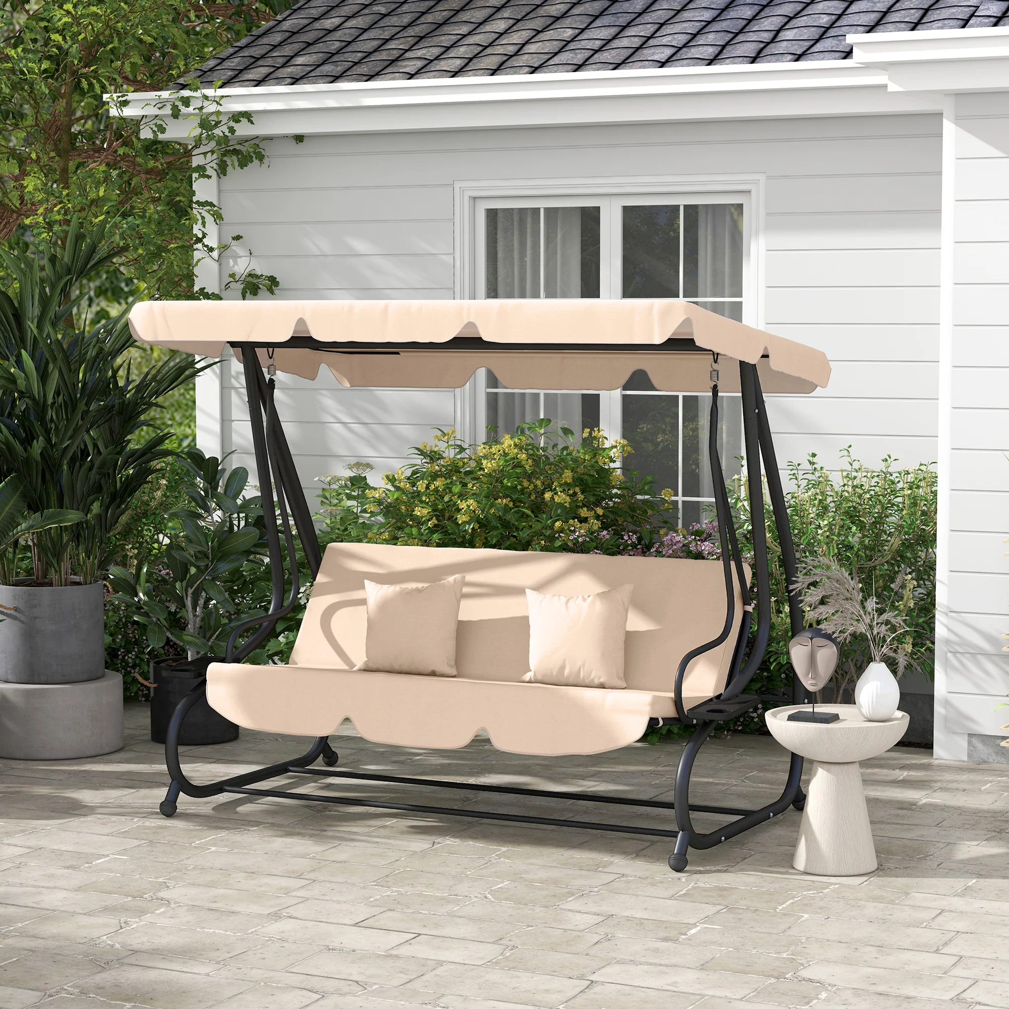 2-in-1 Garden Swing Seat Bed w/ Tilting Canopy, Cushioned Seat and 2 Pillows, Light Brown - Image 4